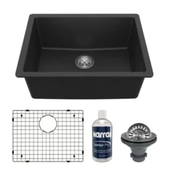 Karran 24" Undermount Quartz Composite Kitchen Sink with Accessories, Black, QU-820-BL-PK1