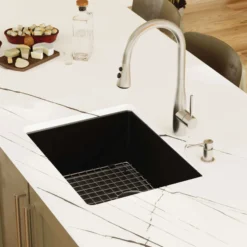 Karran 24" Undermount Quartz Composite Kitchen Sink with Accessories, Black, QU-820-BL-PK1