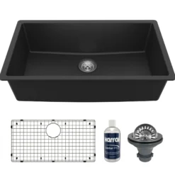 Karran 32" Undermount Quartz Composite Kitchen Sink with Accessories, Black, QU-812-BL-PK1