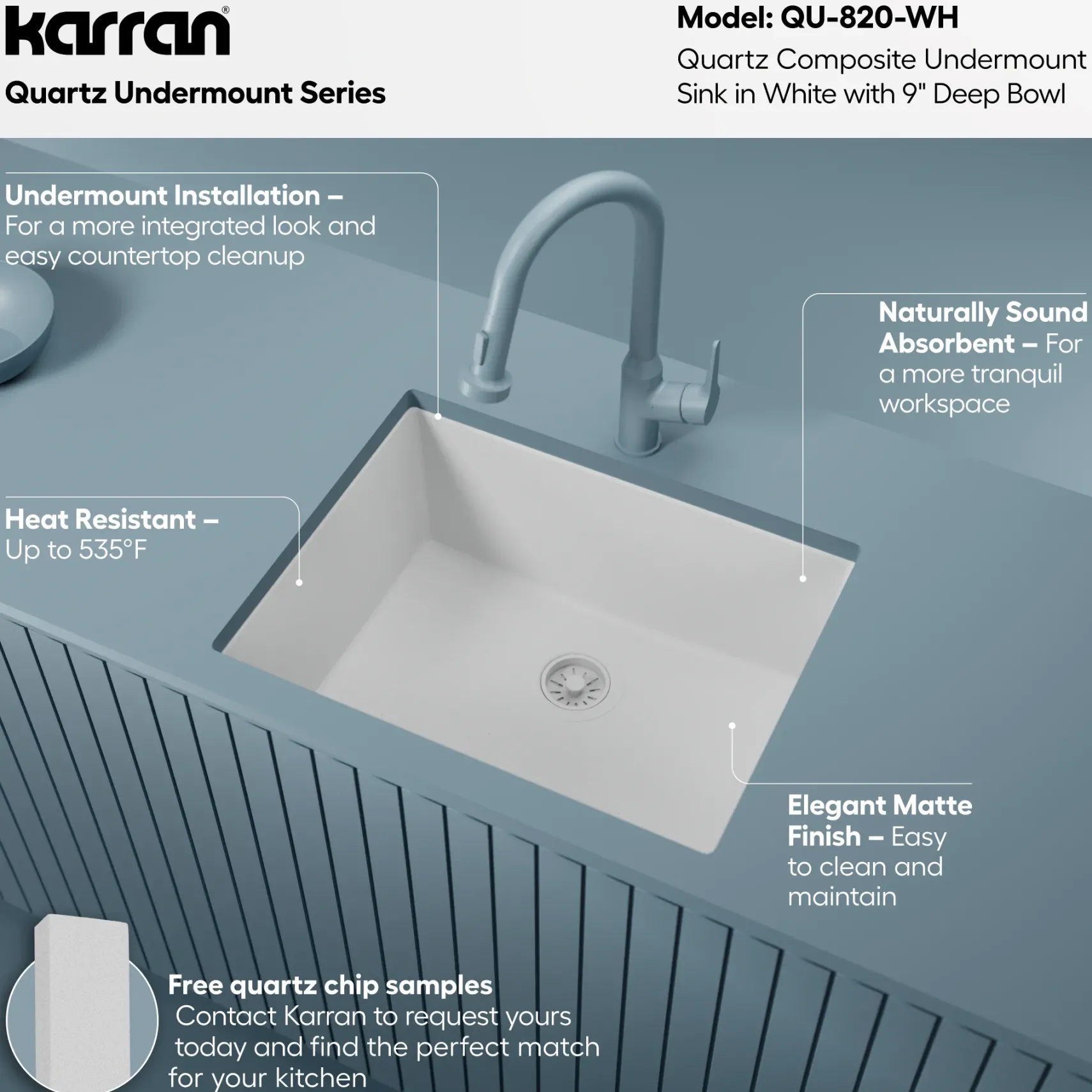 Karran 24" Undermount Quartz Composite Kitchen Sink, White, QU-820-WH