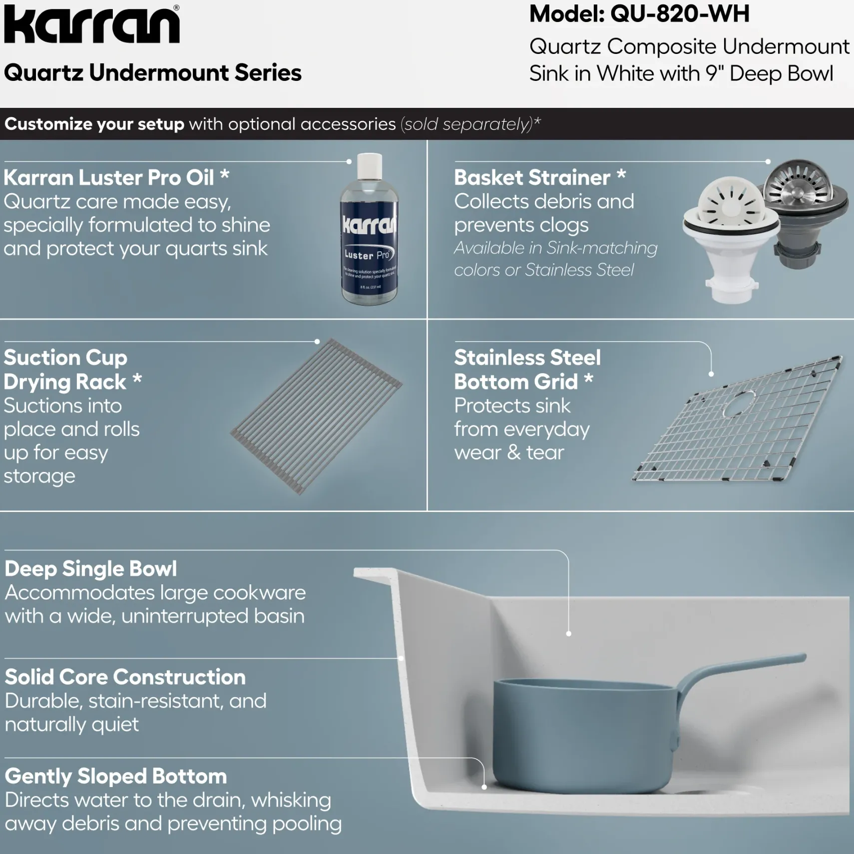 Karran 24" Undermount Quartz Composite Kitchen Sink, White, QU-820-WH