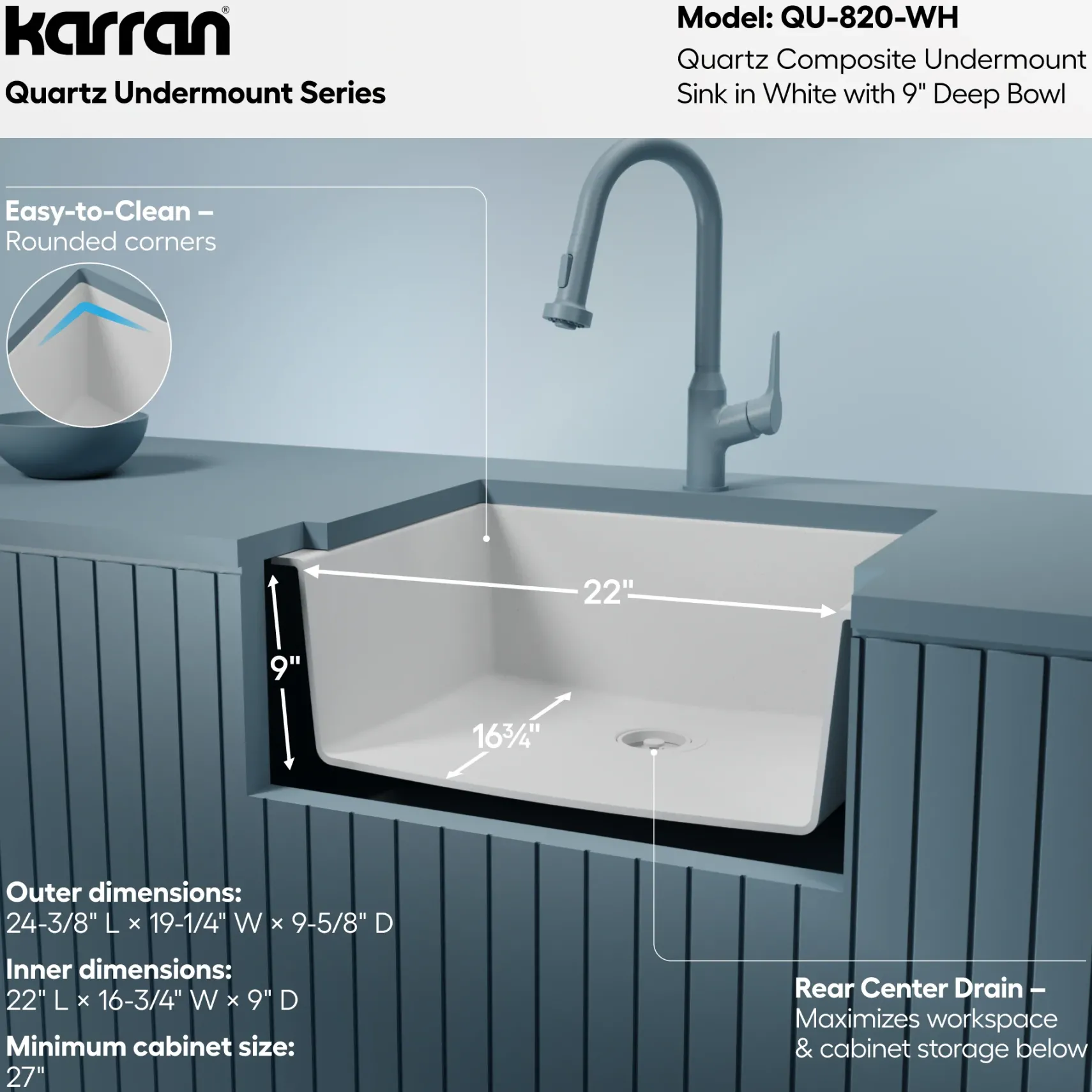 Karran 24" Undermount Quartz Composite Kitchen Sink, White, QU-820-WH
