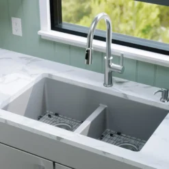 Karran 32" Undermount Quartz Composite Kitchen Sink with Accessories, 50/50 Double Bowl, Grey, QU-810-GR-PK1