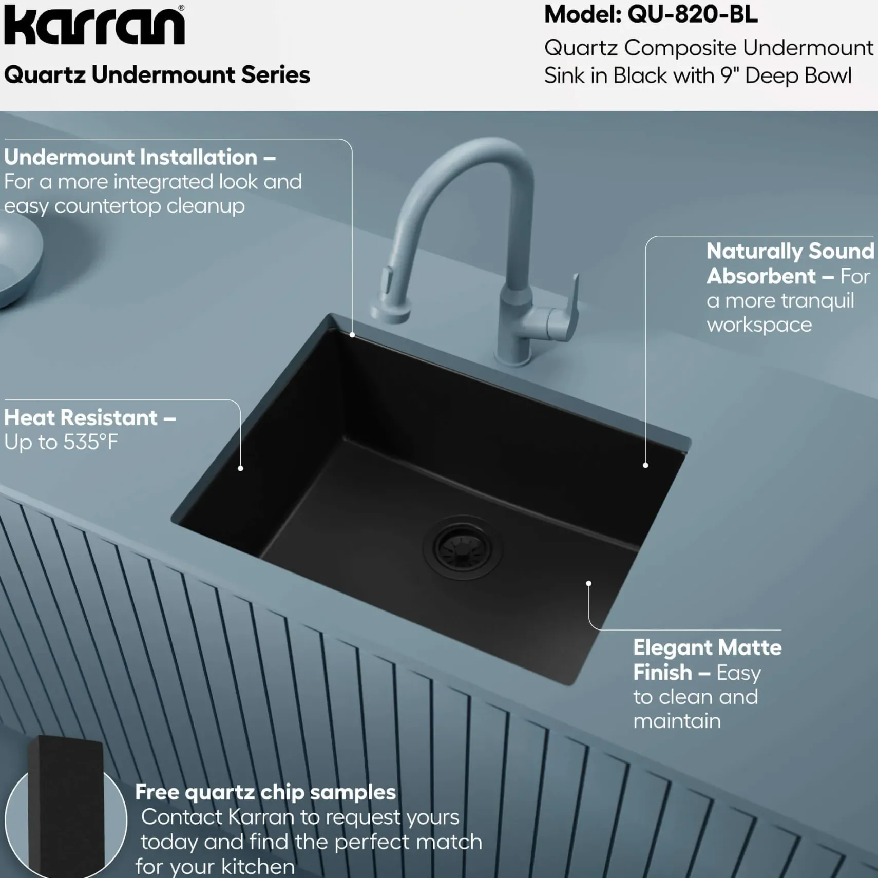 Karran 24" Undermount Quartz Composite Kitchen Sink, Black, QU-820-BL