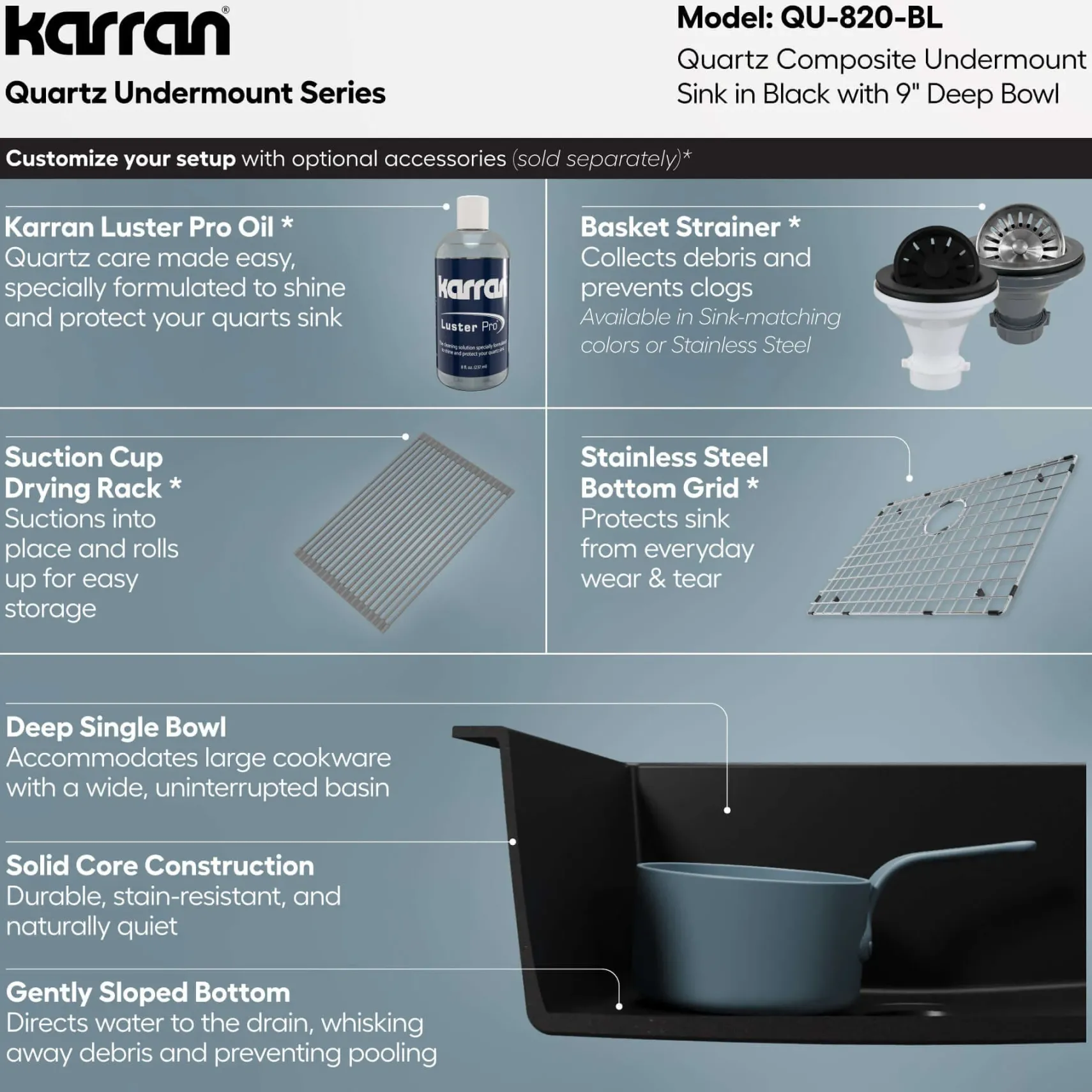 Karran 24" Undermount Quartz Composite Kitchen Sink, Black, QU-820-BL