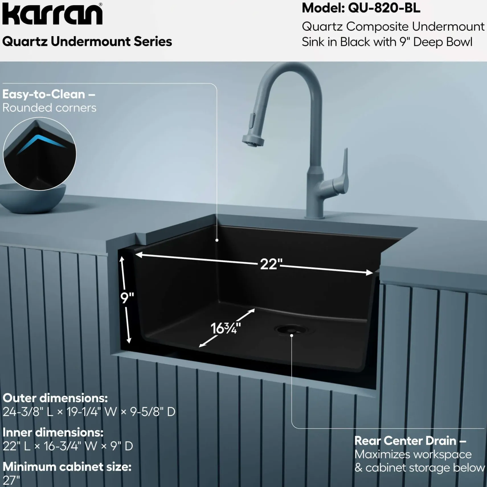 Karran 24" Undermount Quartz Composite Kitchen Sink, Black, QU-820-BL