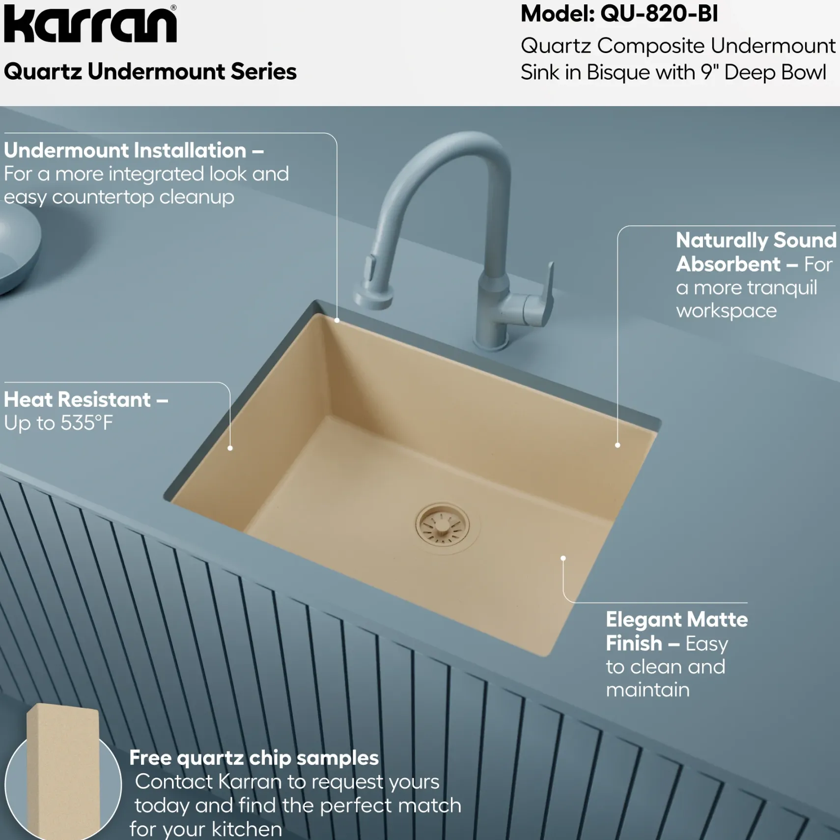 Karran 24" Undermount Quartz Composite Kitchen Sink, Bisque, QU-820-BI