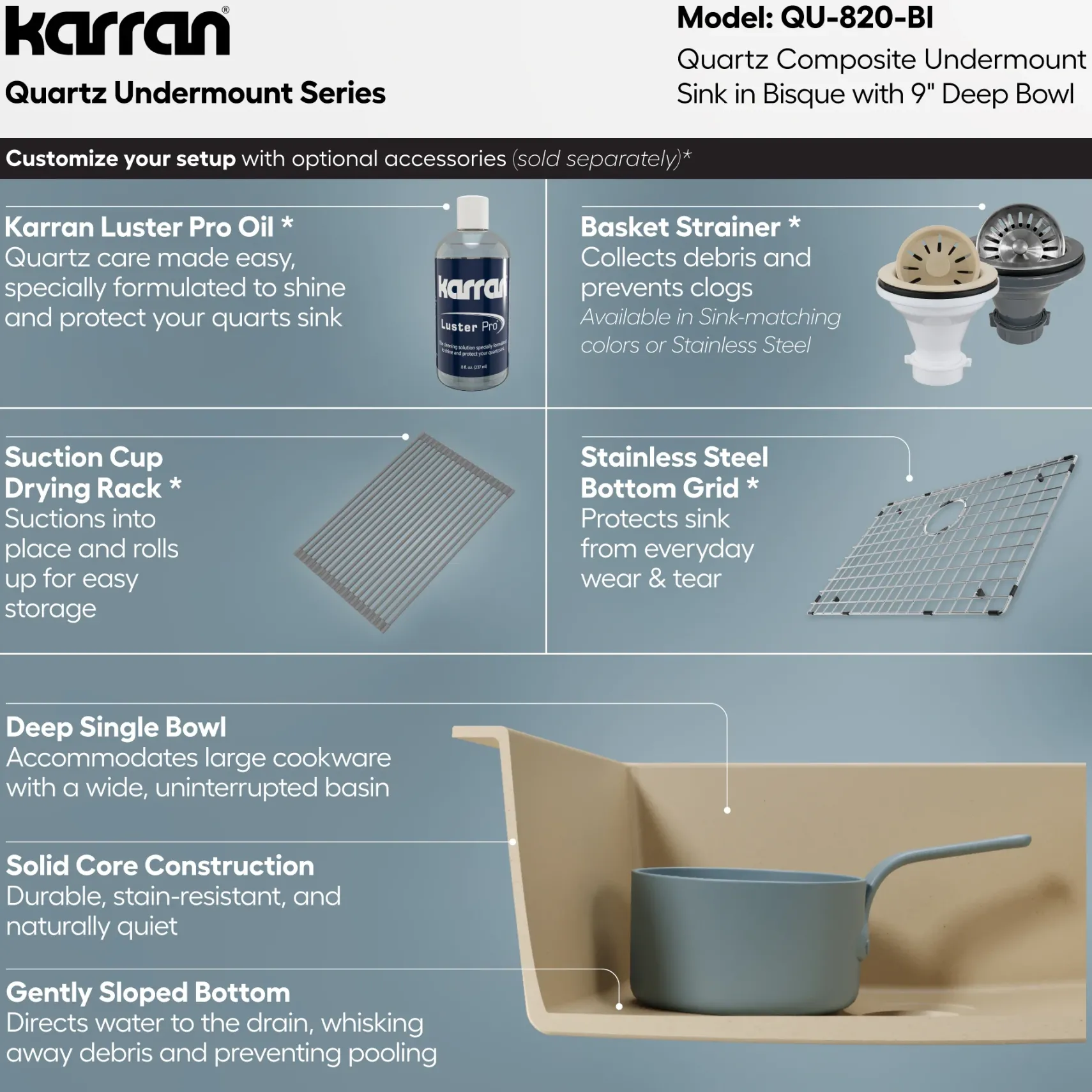 Karran 24" Undermount Quartz Composite Kitchen Sink, Bisque, QU-820-BI