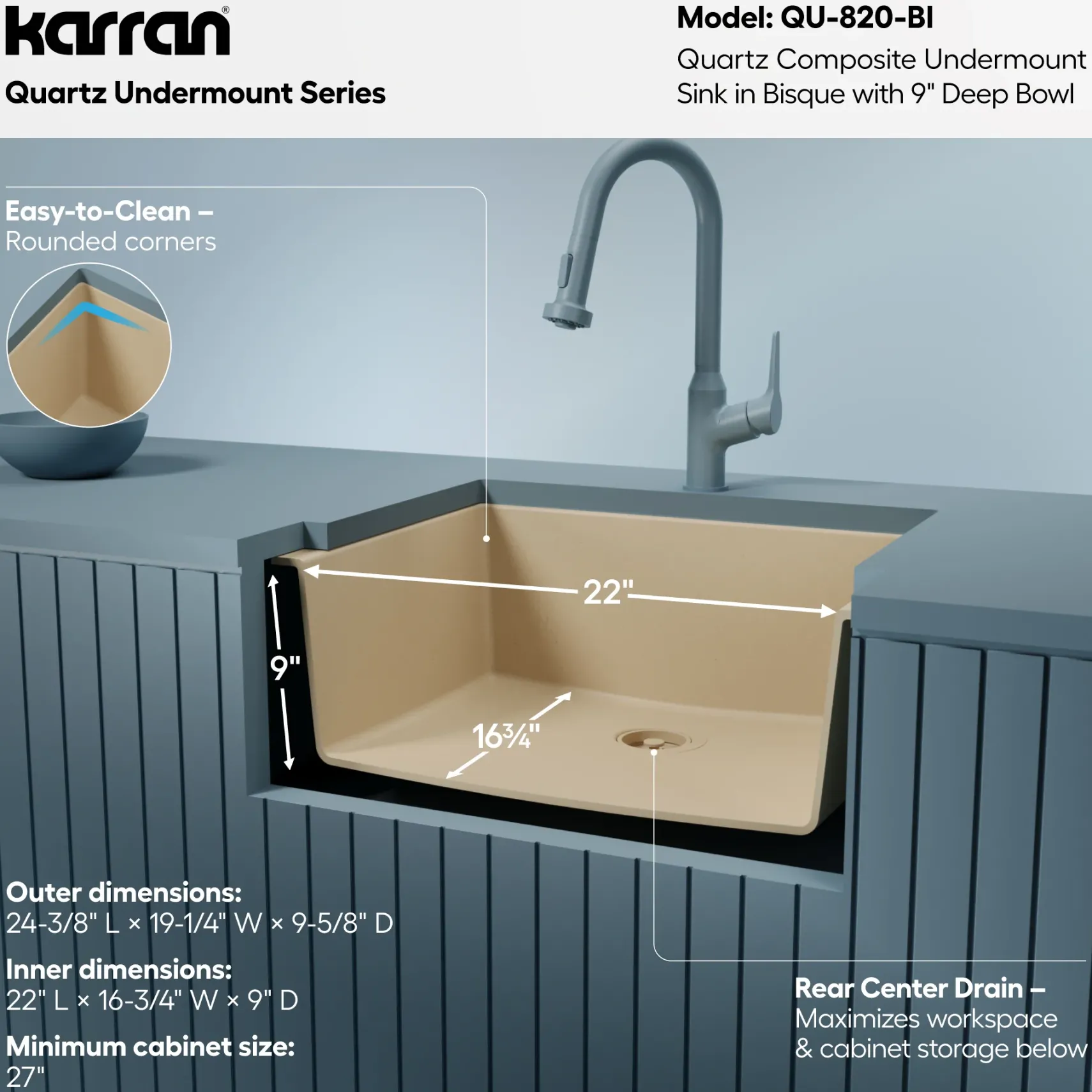 Karran 24" Undermount Quartz Composite Kitchen Sink, Bisque, QU-820-BI