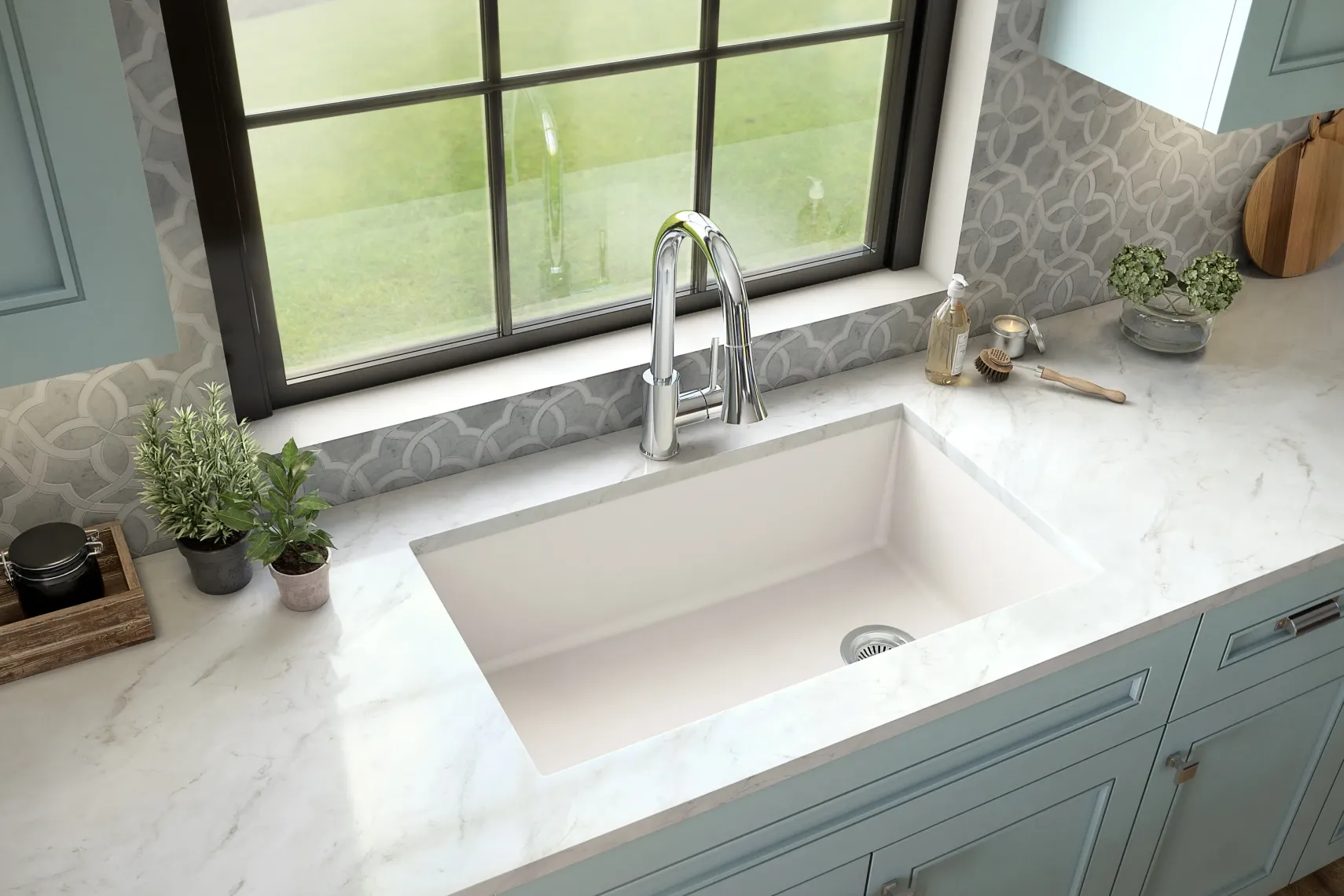 Karran 32" Undermount Quartz Composite Kitchen Sink, White, QU-670-WH