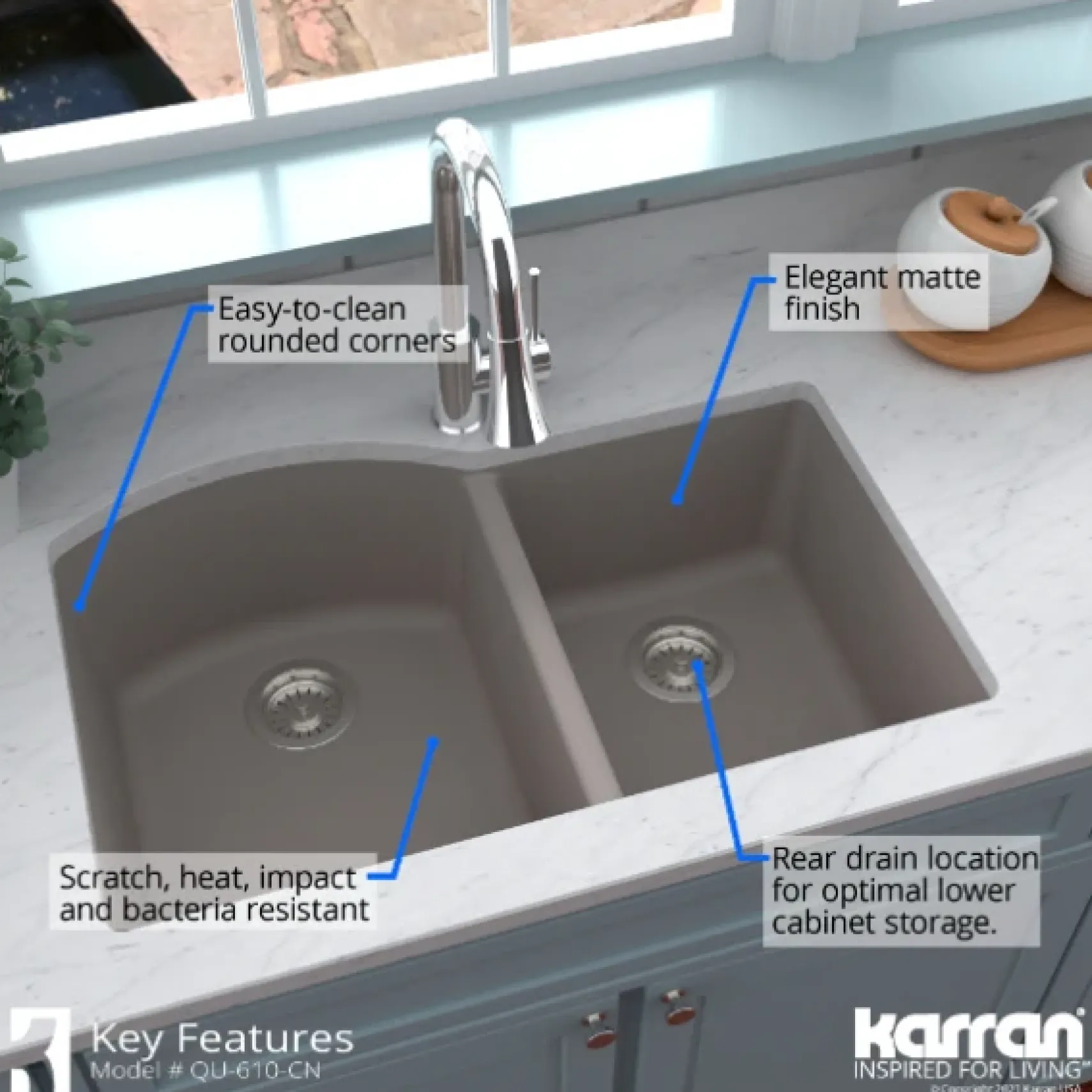 Karran 32" Undermount Quartz Composite Kitchen Sink, 60/40 Double Bowl, Concrete, QU-610-CN