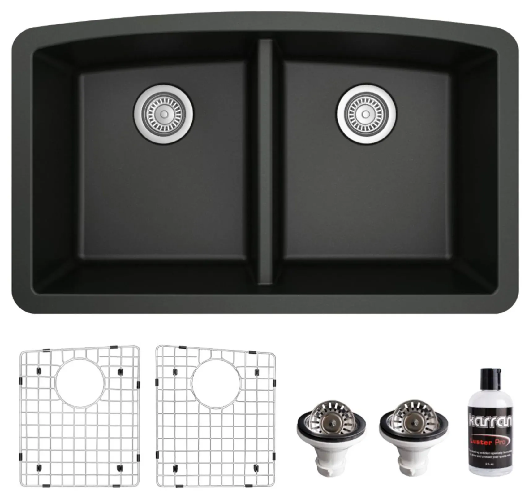 Karran 33" Undermount Quartz Composite Kitchen Sink, 50/50 Double Bowl, Black, QU-710-BL-PK1