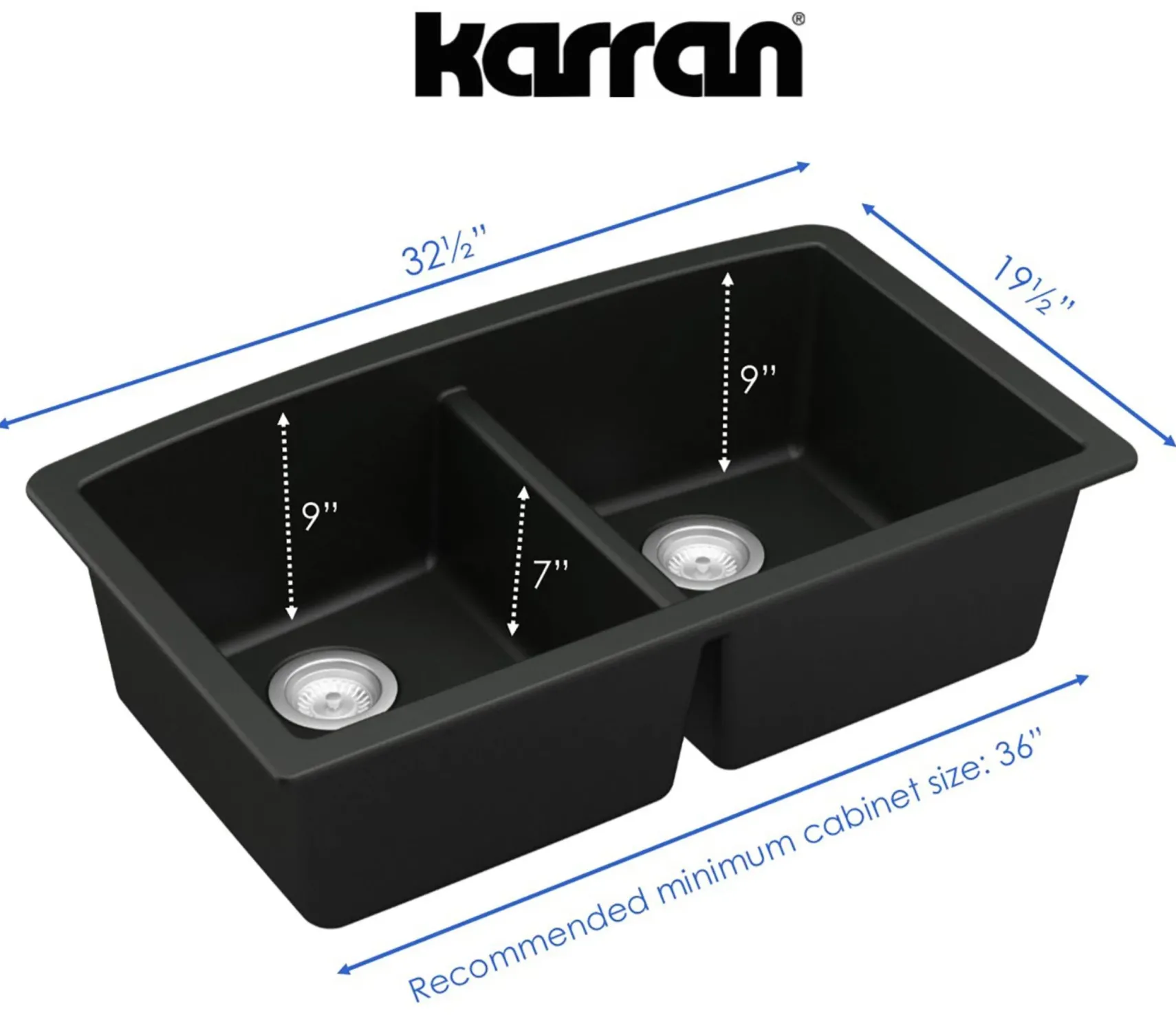 Karran 33" Undermount Quartz Composite Kitchen Sink, 50/50 Double Bowl, Black, QU-710-BL-PK1