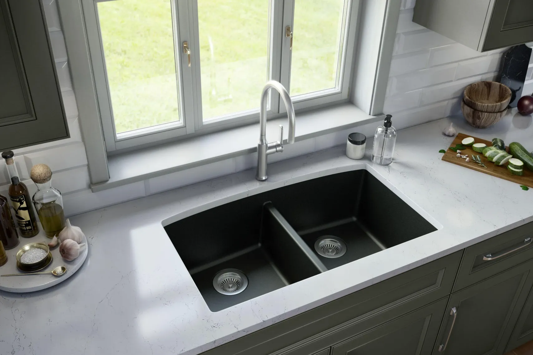 Karran 33" Undermount Quartz Composite Kitchen Sink, 50/50 Double Bowl, Black, QU-710-BL-PK1