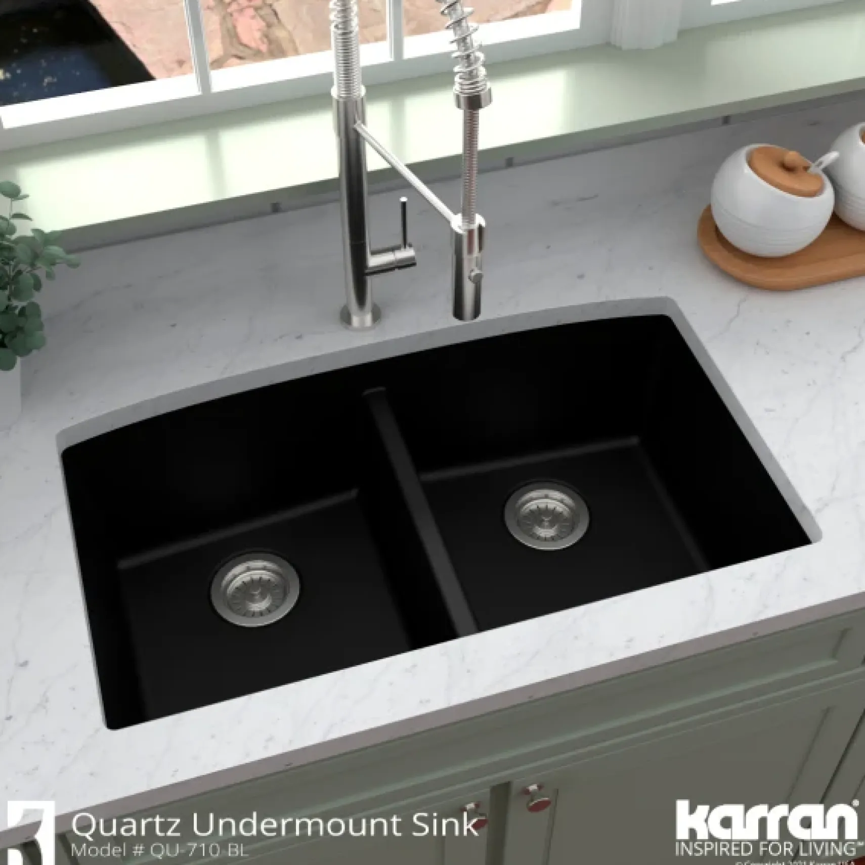 Karran 33" Undermount Quartz Composite Kitchen Sink, 50/50 Double Bowl, Black, QU-710-BL-PK1