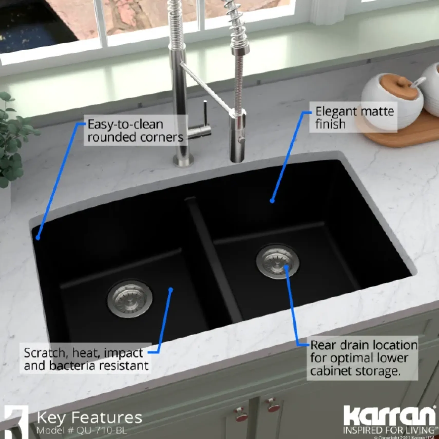 Karran 33" Undermount Quartz Composite Kitchen Sink, 50/50 Double Bowl, Black, QU-710-BL-PK1