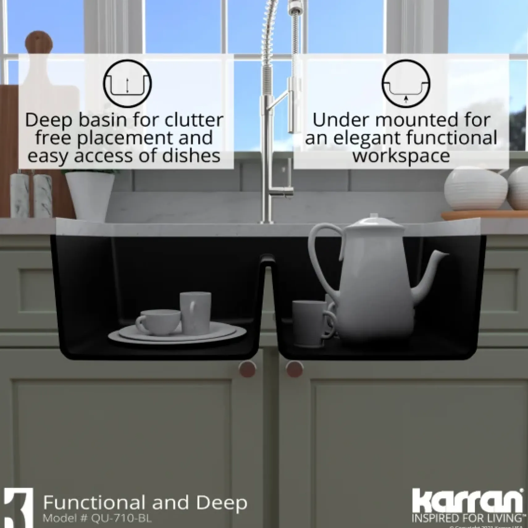 Karran 33" Undermount Quartz Composite Kitchen Sink, 50/50 Double Bowl, Black, QU-710-BL-PK1