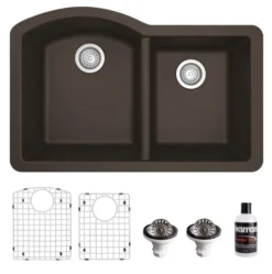 Karran 32" Undermount Quartz Composite Kitchen Sink, 60/40 Double Bowl, Brown, QU-610-BR-PK1