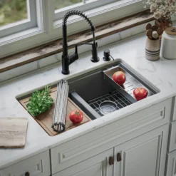 Karran 33" Undermount Quartz Composite Kitchen Sink, 50/50 Double Bowl, Grey, QUWS-880-GR