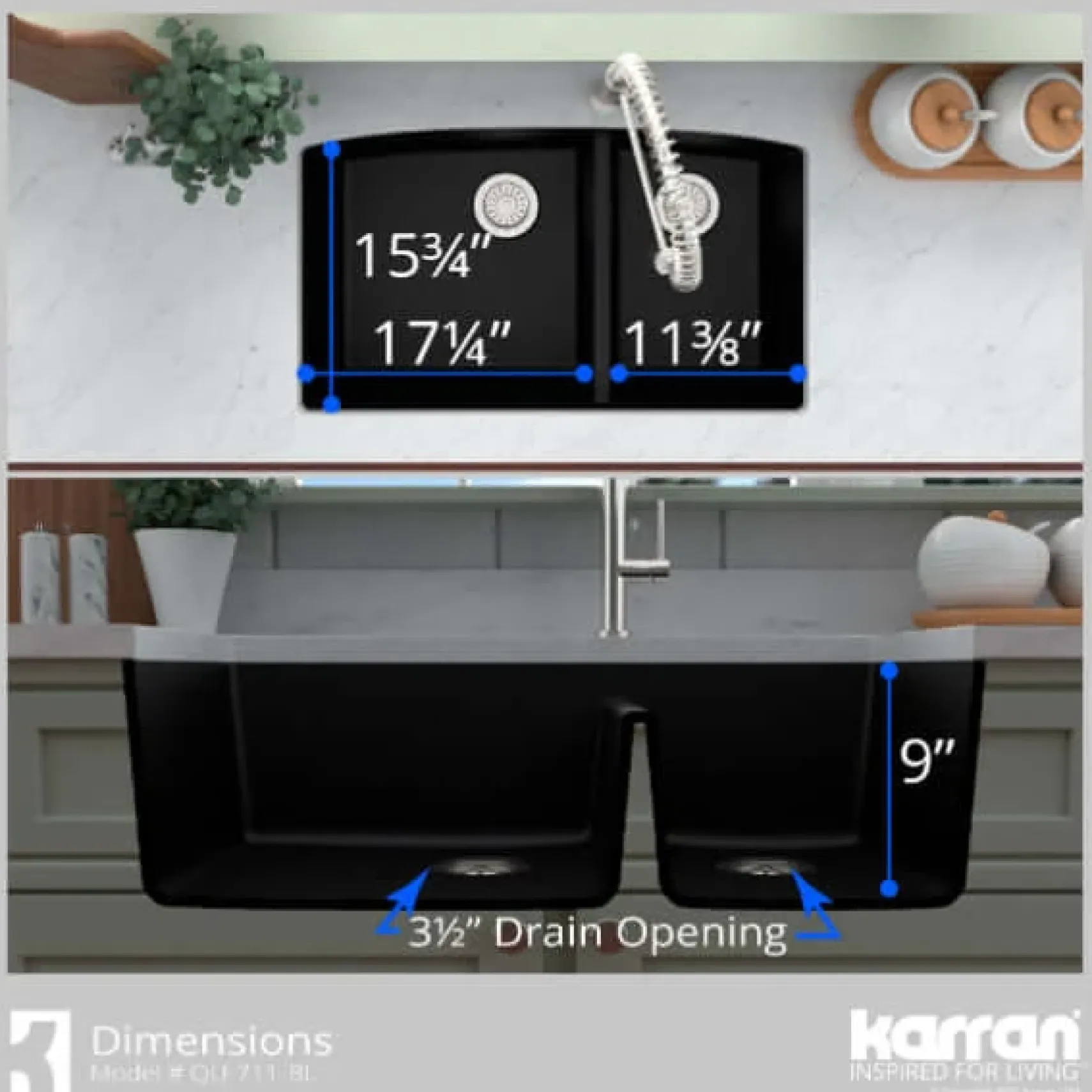 Karran 33" Undermount Quartz Composite Kitchen Sink, 60/40 Double Bowl, Black, QU-711-BL
