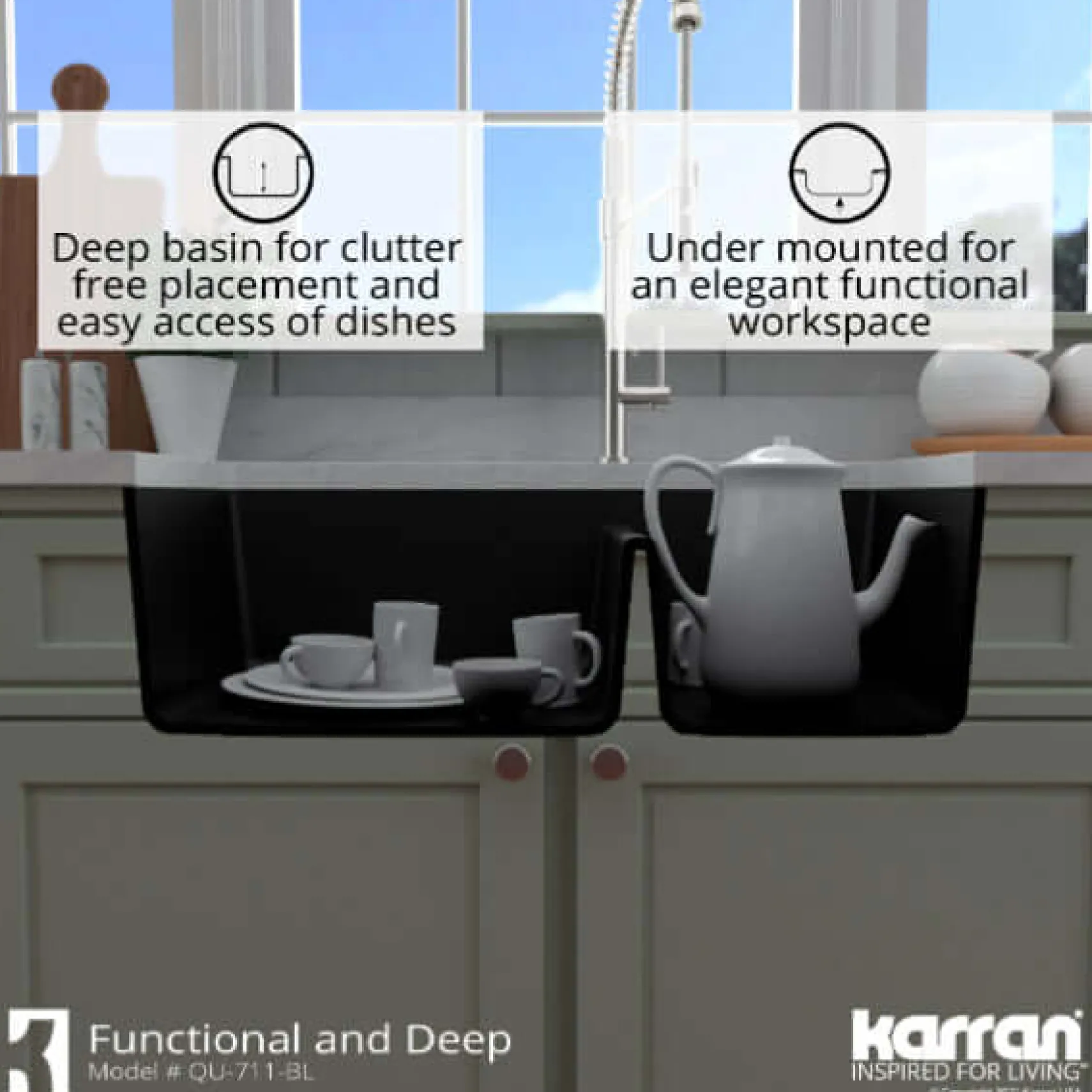 Karran 33" Undermount Quartz Composite Kitchen Sink, 60/40 Double Bowl, Black, QU-711-BL