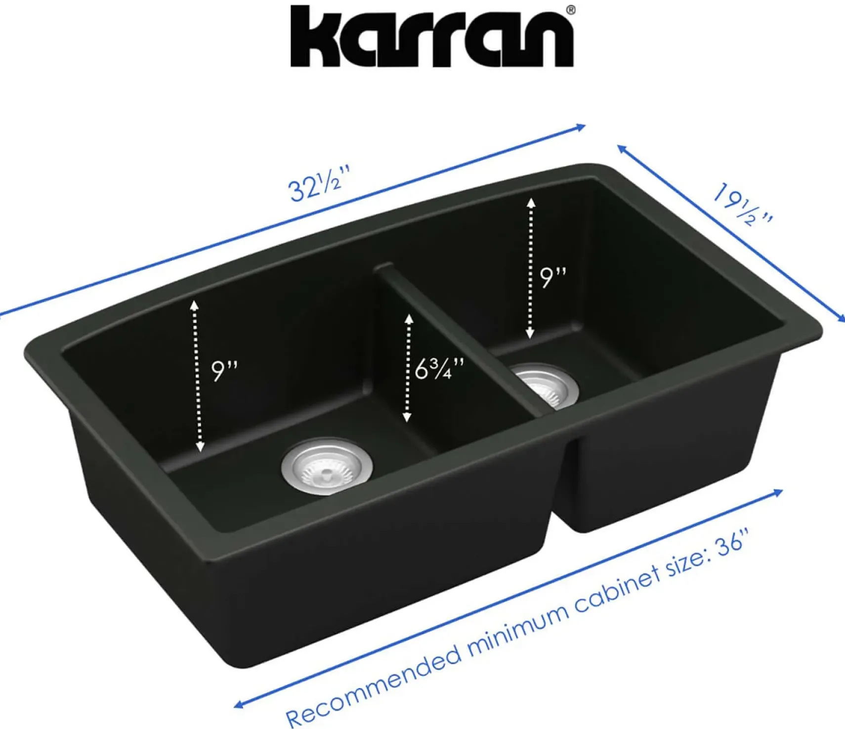 Karran 33" Undermount Quartz Composite Kitchen Sink, 60/40 Double Bowl, Black, QU-711-BL