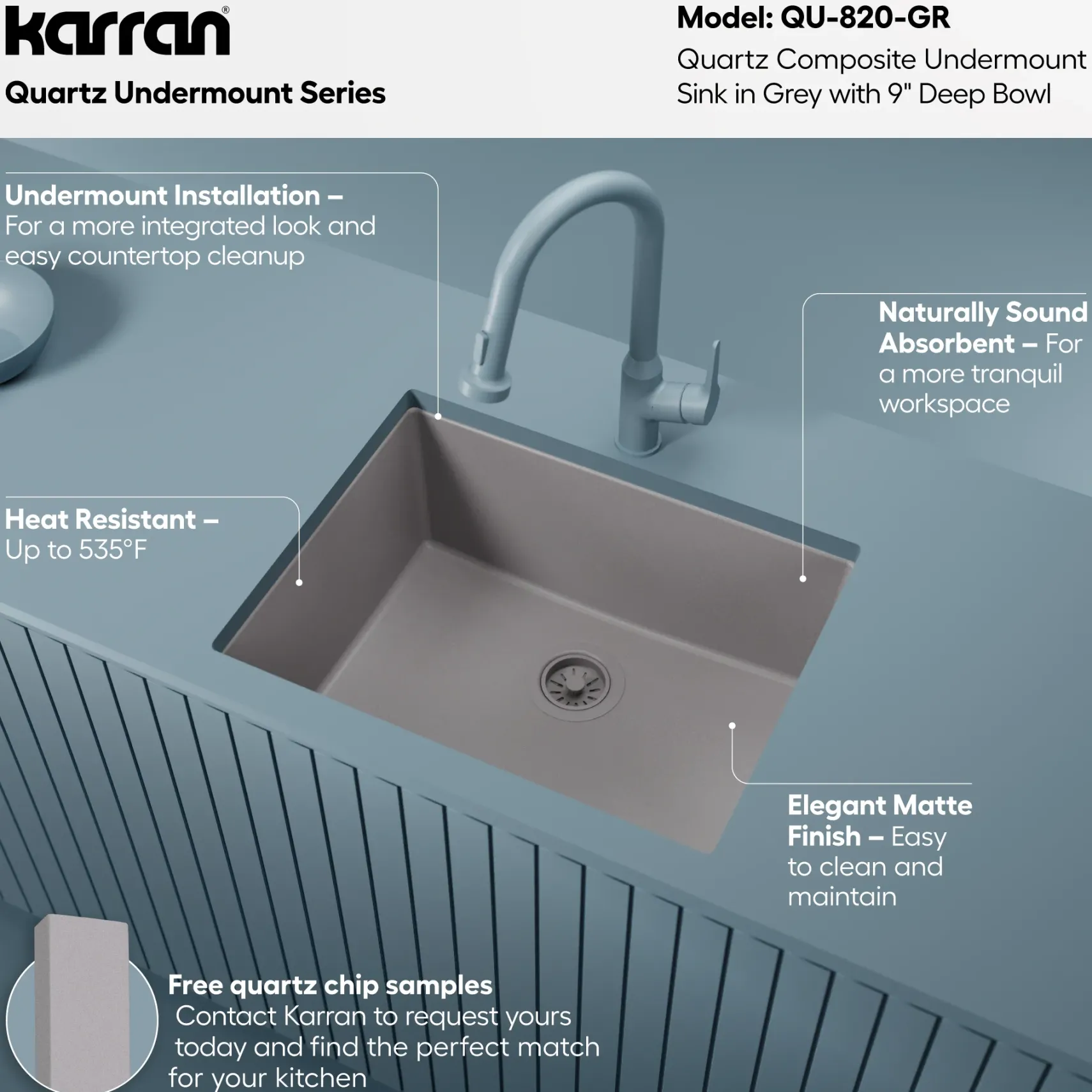 Karran 24" Undermount Quartz Composite Kitchen Sink, Grey, QU-820-GR