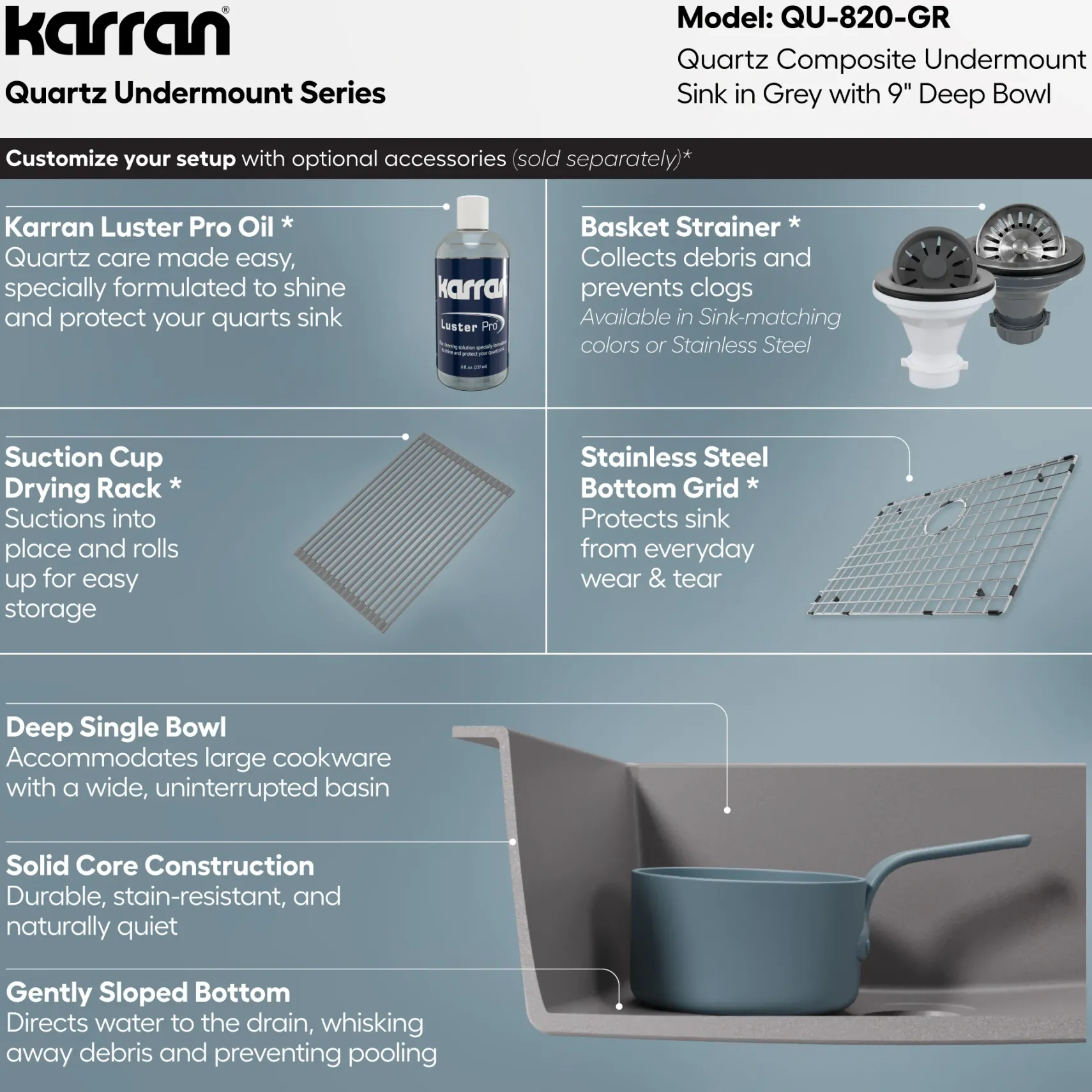 Karran 24" Undermount Quartz Composite Kitchen Sink, Grey, QU-820-GR