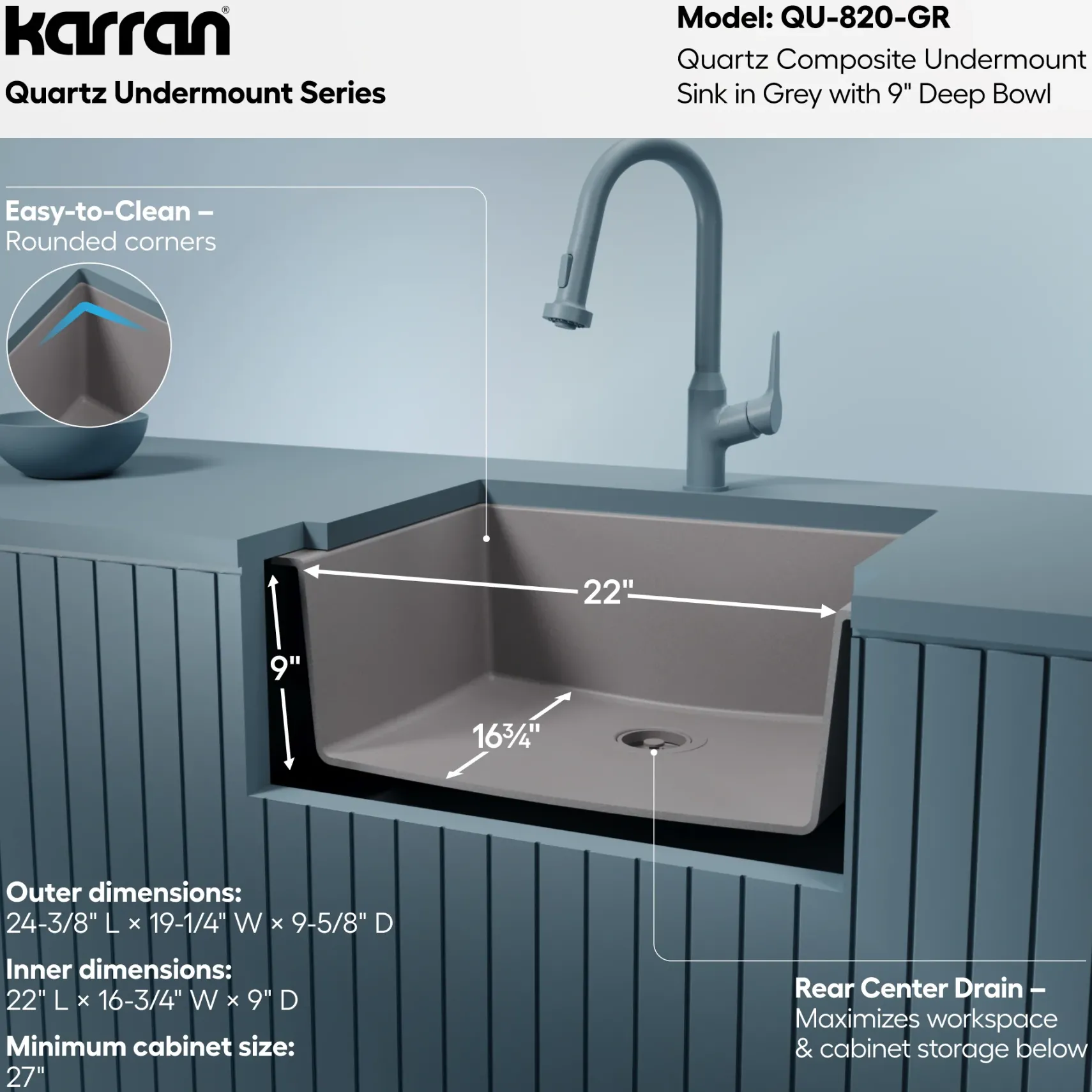 Karran 24" Undermount Quartz Composite Kitchen Sink, Grey, QU-820-GR