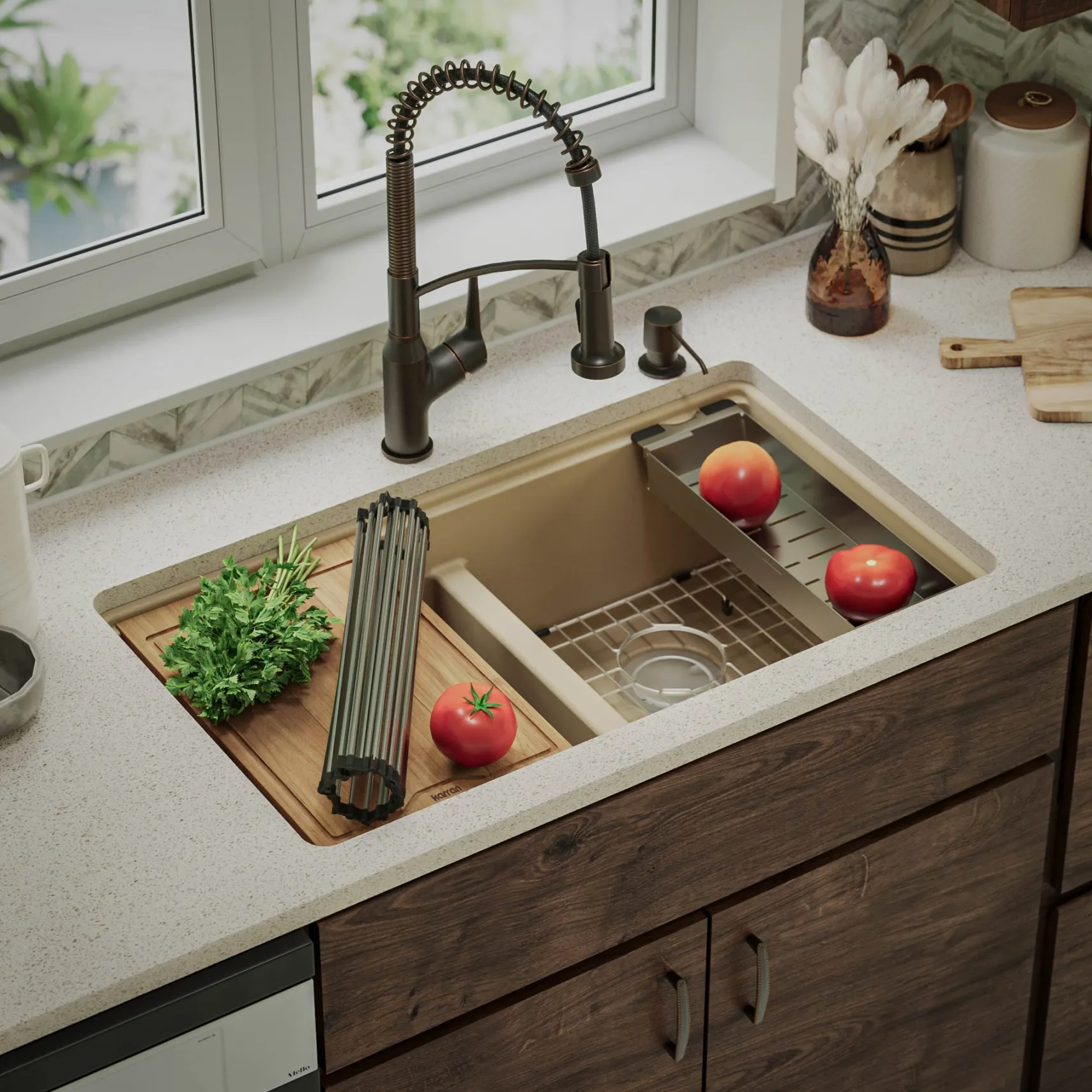 Karran 33" Undermount Quartz Composite Kitchen Sink, 50/50 Double Bowl, Bisque, QUWS-880-BI