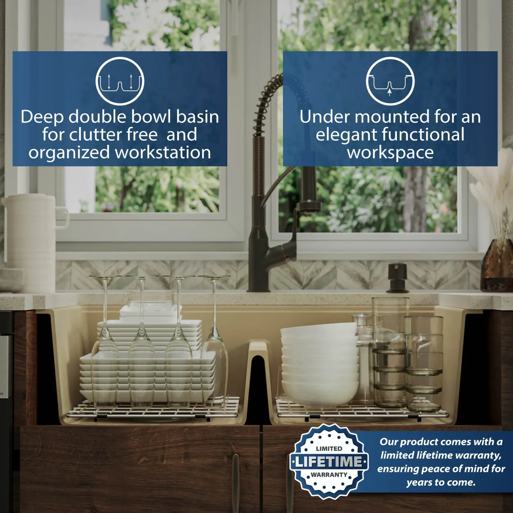 Karran 33" Undermount Quartz Composite Kitchen Sink, 50/50 Double Bowl, Bisque, QUWS-880-BI