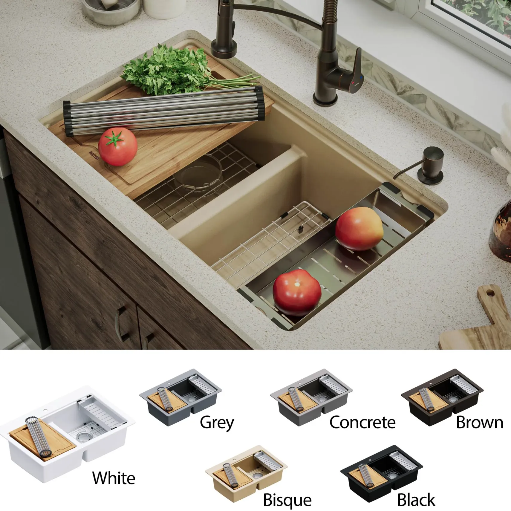 Karran 33" Undermount Quartz Composite Kitchen Sink, 50/50 Double Bowl, Bisque, QUWS-880-BI