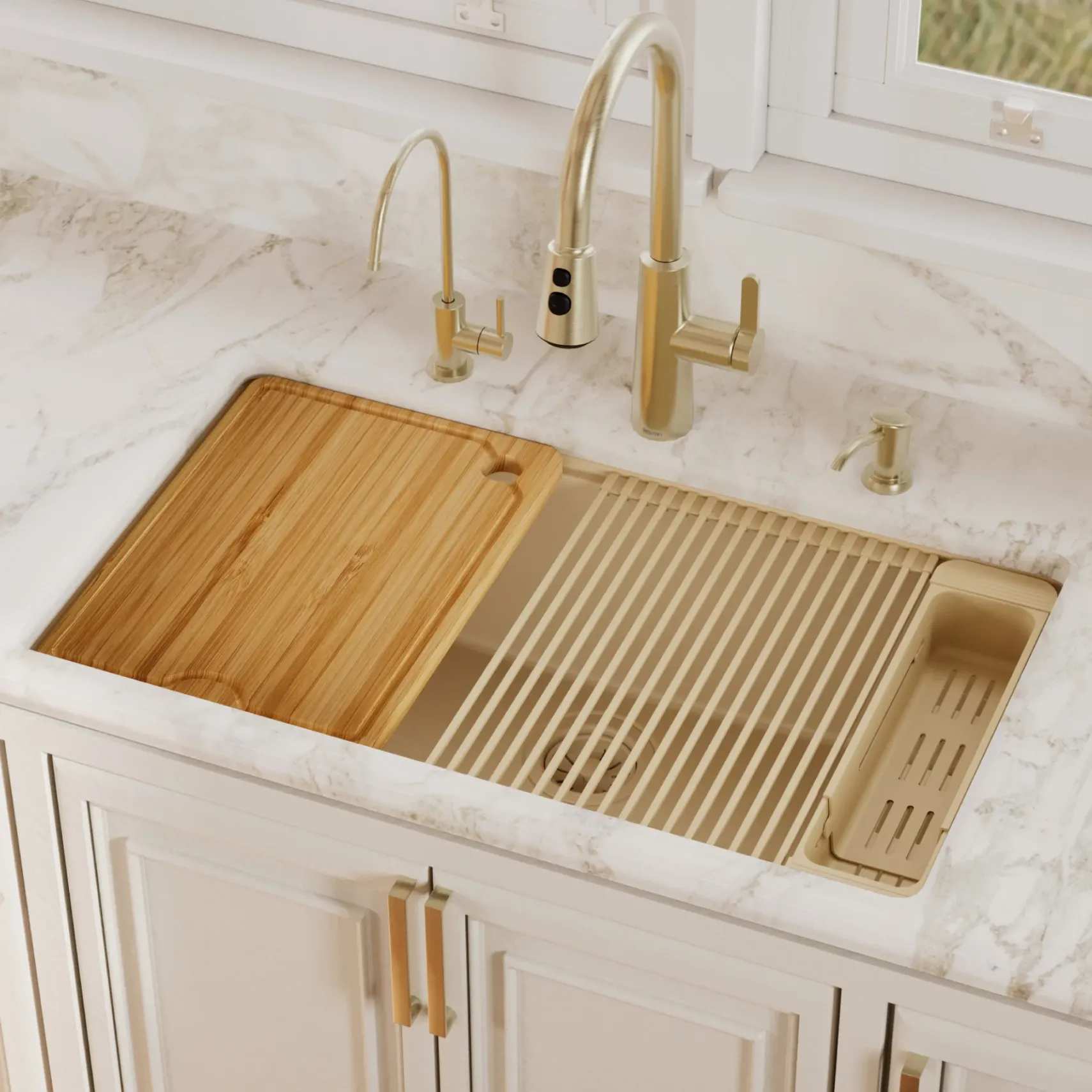 Karran 32" Undermount Quartz Composite Workstation Kitchen Sink, Bisque, QUWS-875-BI-PK2