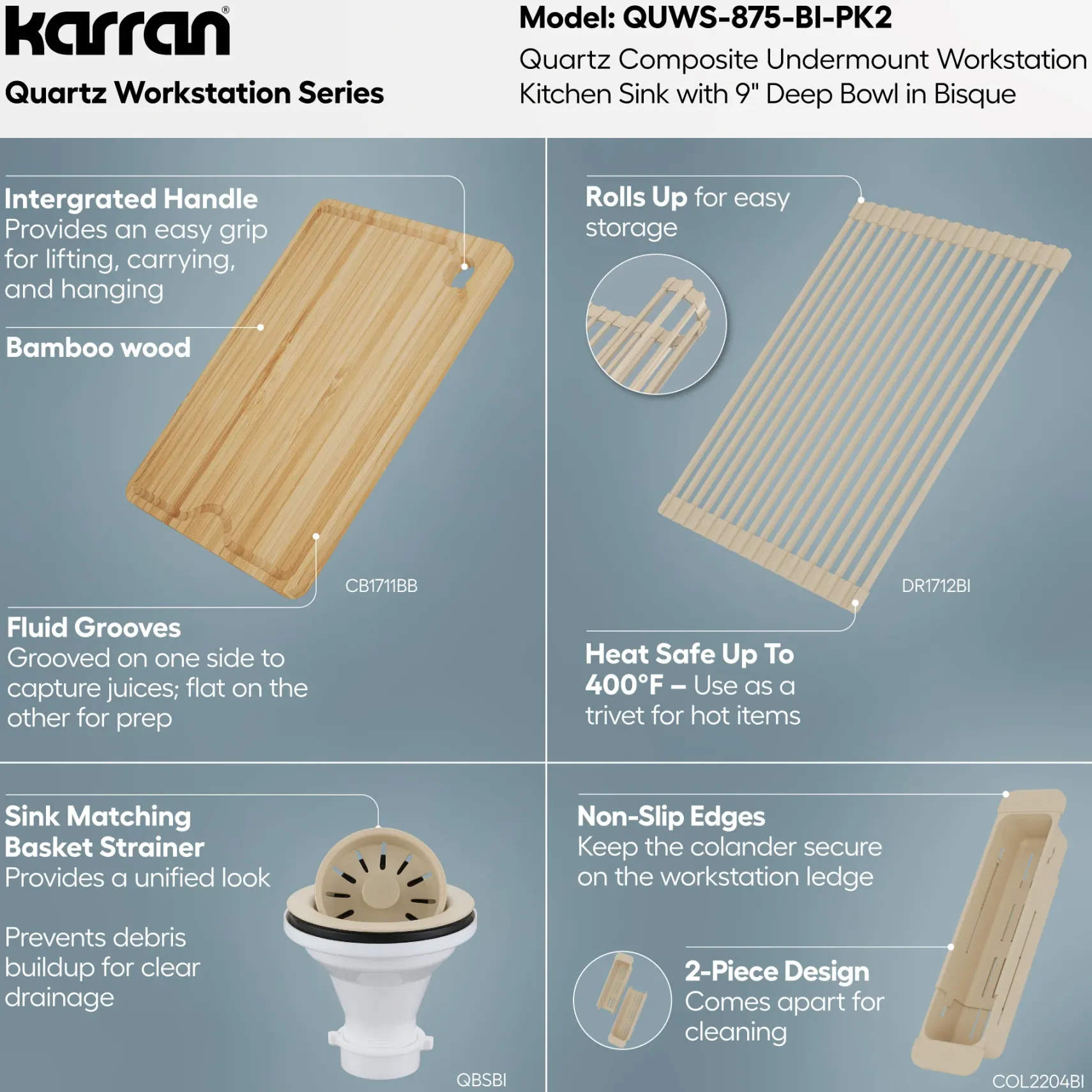 Karran 32" Undermount Quartz Composite Workstation Kitchen Sink, Bisque, QUWS-875-BI-PK2