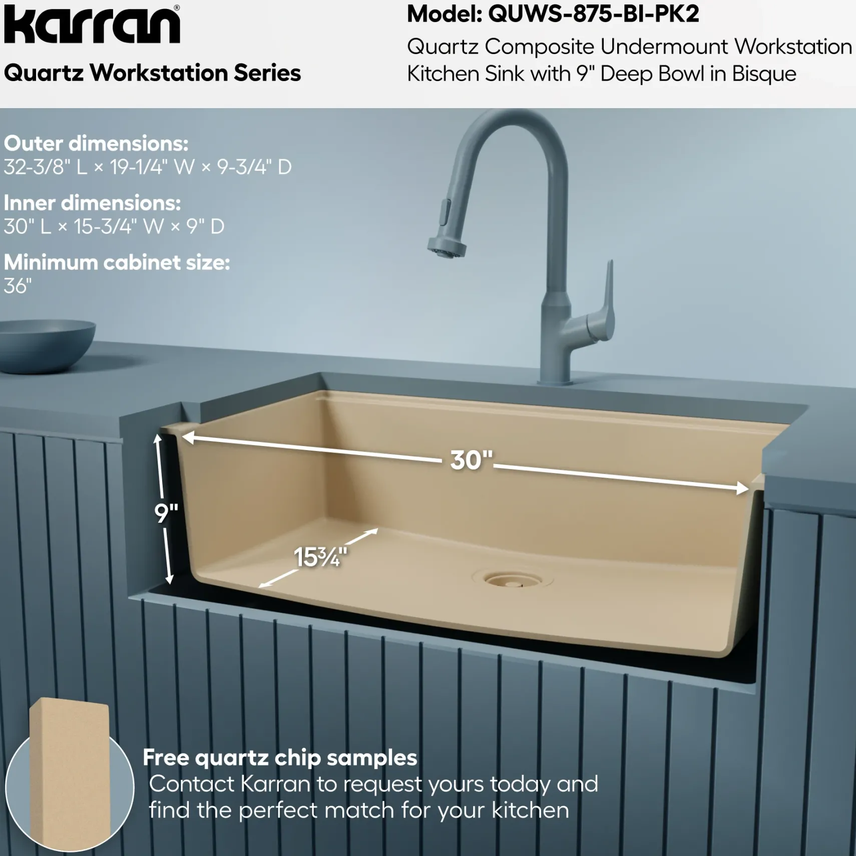 Karran 32" Undermount Quartz Composite Workstation Kitchen Sink, Bisque, QUWS-875-BI-PK2