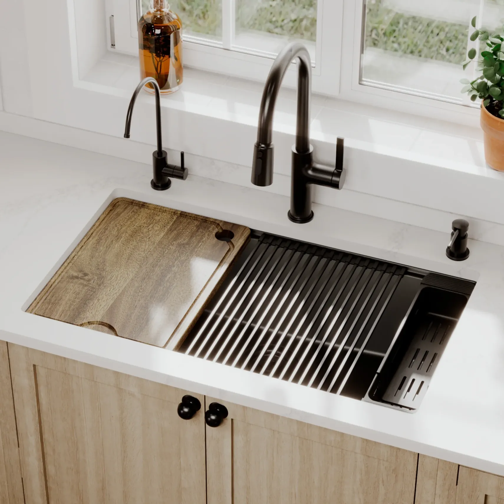 Karran 32" Undermount Quartz Composite Workstation Kitchen Sink, Black, QUWS-875-BL-PK2