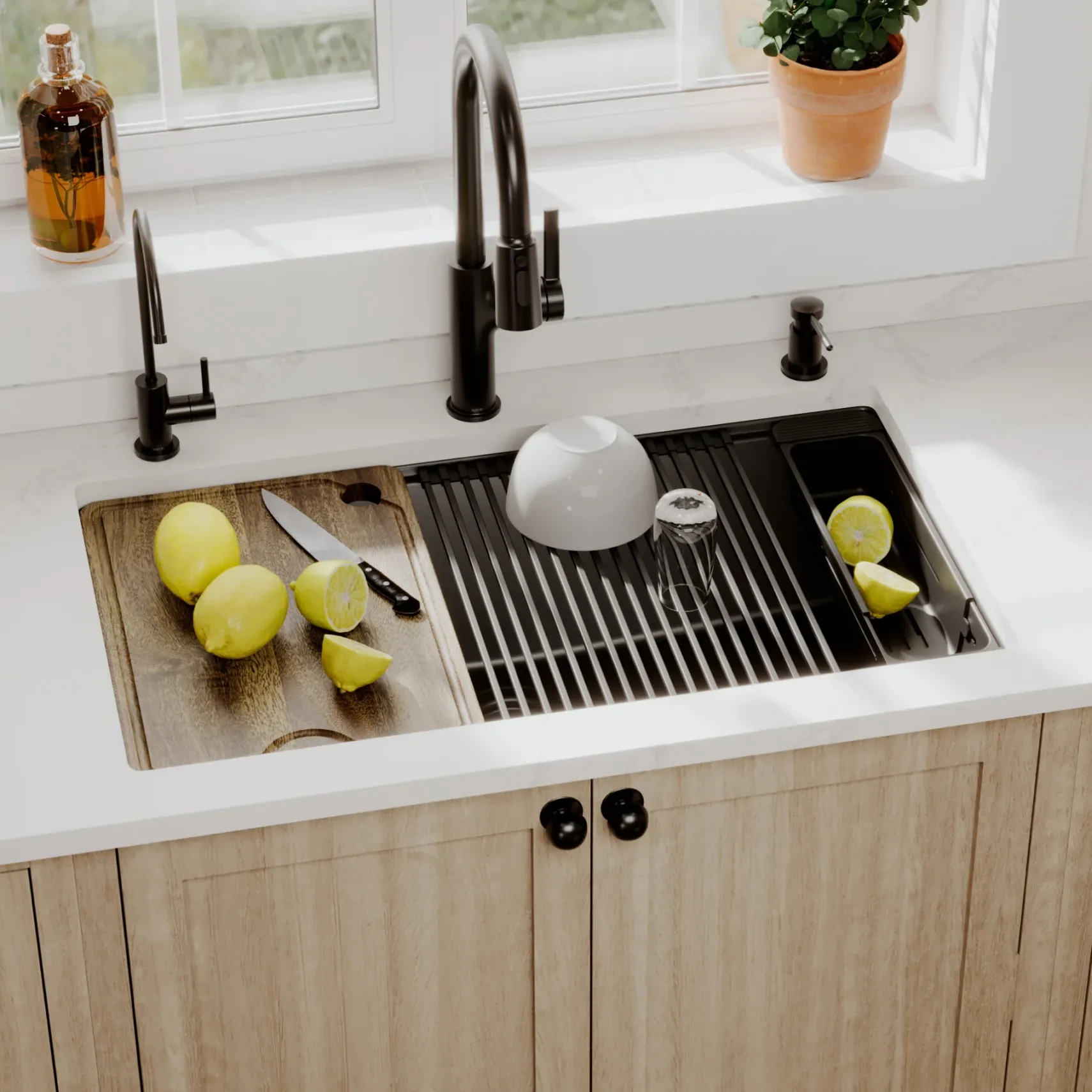 Karran 32" Undermount Quartz Composite Workstation Kitchen Sink, Black, QUWS-875-BL-PK2