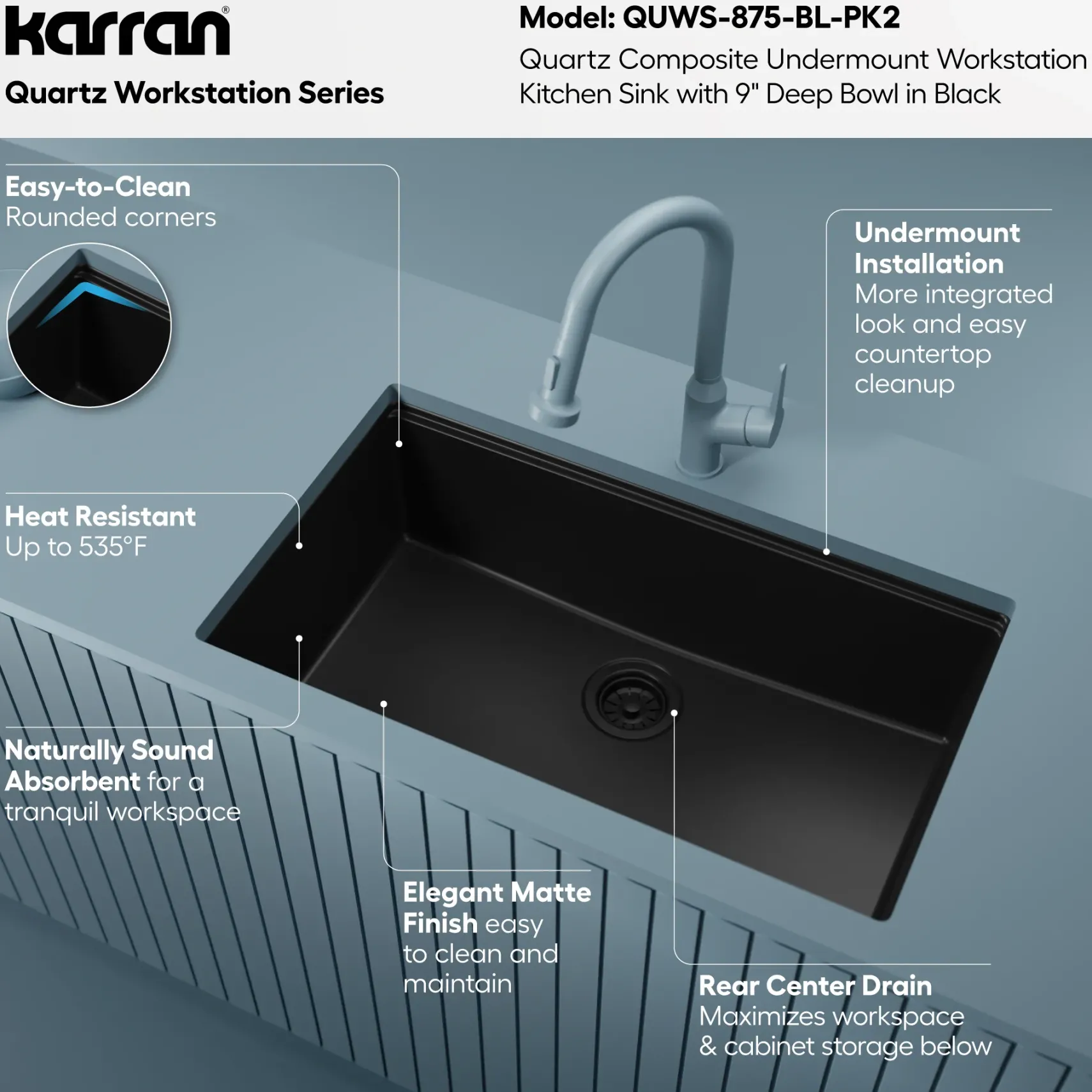 Karran 32" Undermount Quartz Composite Workstation Kitchen Sink, Black, QUWS-875-BL-PK2