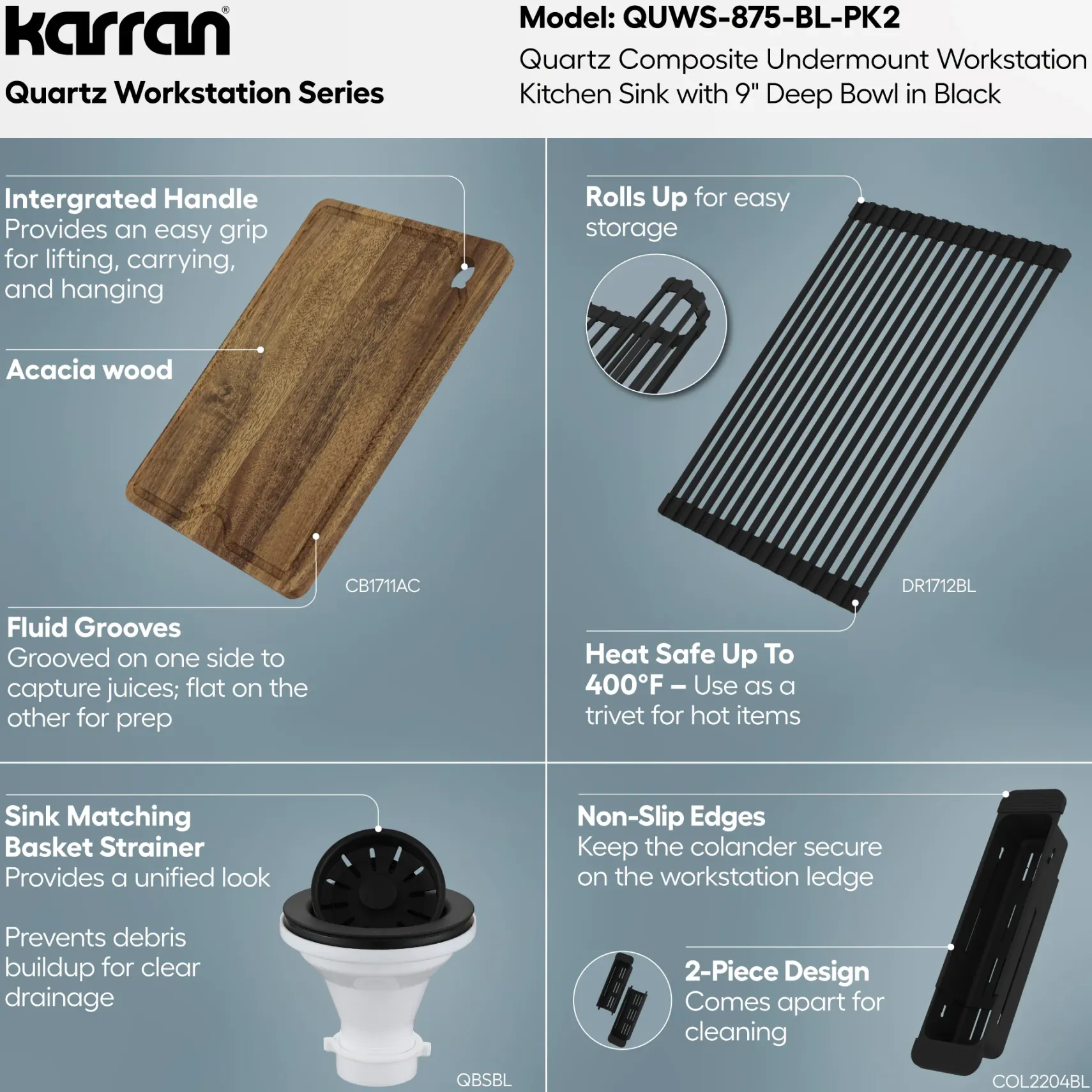 Karran 32" Undermount Quartz Composite Workstation Kitchen Sink, Black, QUWS-875-BL-PK2