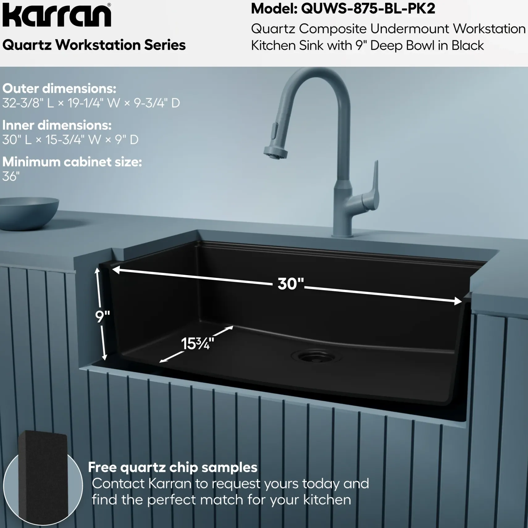 Karran 32" Undermount Quartz Composite Workstation Kitchen Sink, Black, QUWS-875-BL-PK2