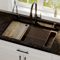 Karran 32" Undermount Quartz Composite Workstation Kitchen Sink, Brown, QUWS-875-BR-PK2