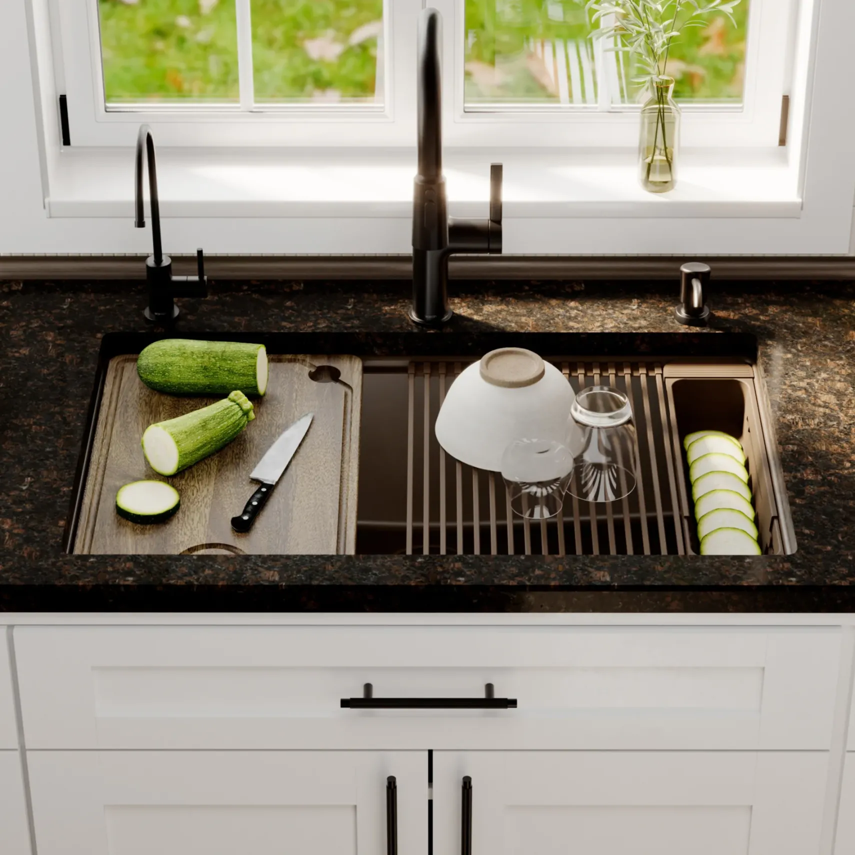 Karran 32" Undermount Quartz Composite Workstation Kitchen Sink, Brown, QUWS-875-BR-PK2