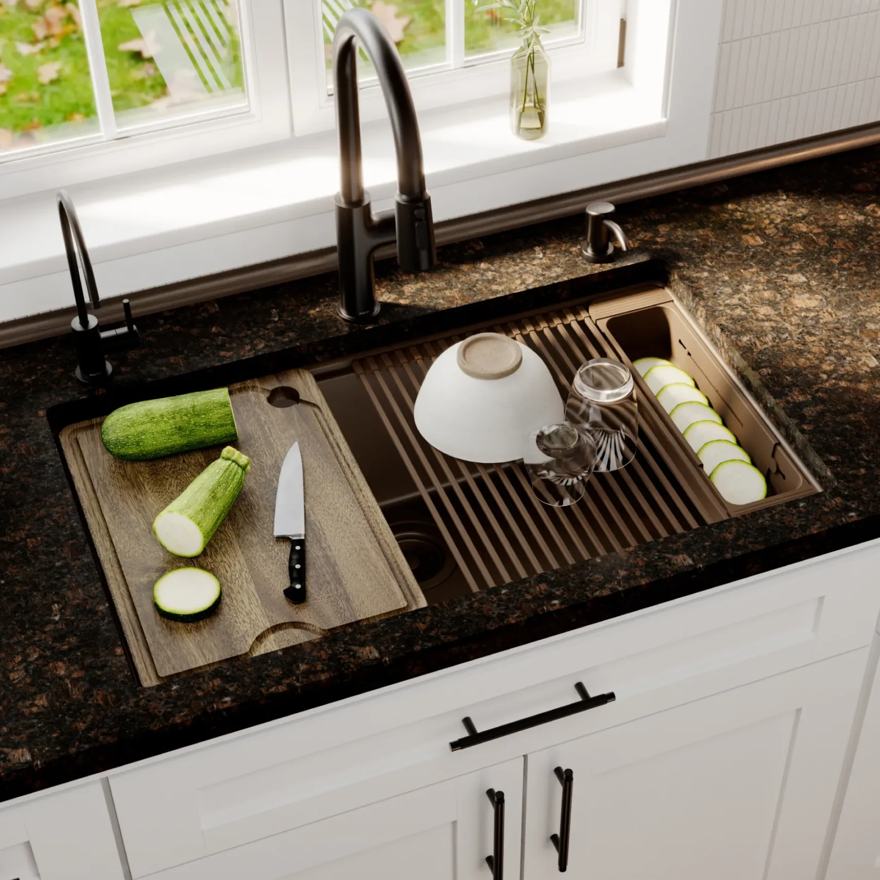 Karran 32" Undermount Quartz Composite Workstation Kitchen Sink, Brown, QUWS-875-BR-PK2