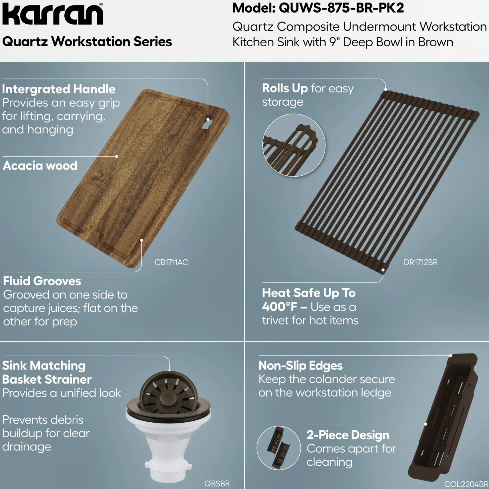 Karran 32" Undermount Quartz Composite Workstation Kitchen Sink, Brown, QUWS-875-BR-PK2