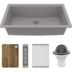 Karran 32" Undermount Quartz Composite Workstation Kitchen Sink, Grey, QUWS-875-GR-PK2