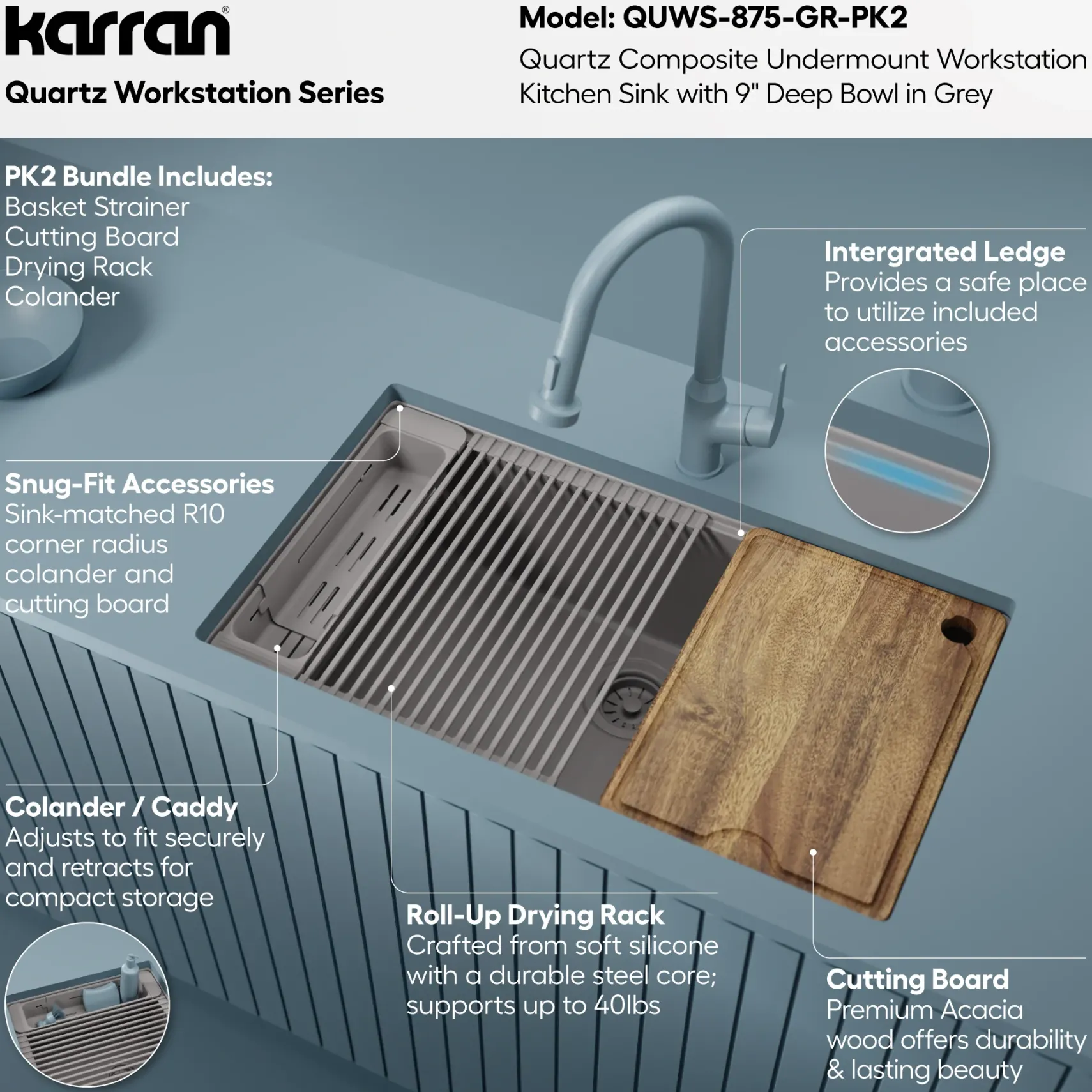 Karran 32" Undermount Quartz Composite Workstation Kitchen Sink, Grey, QUWS-875-GR-PK2
