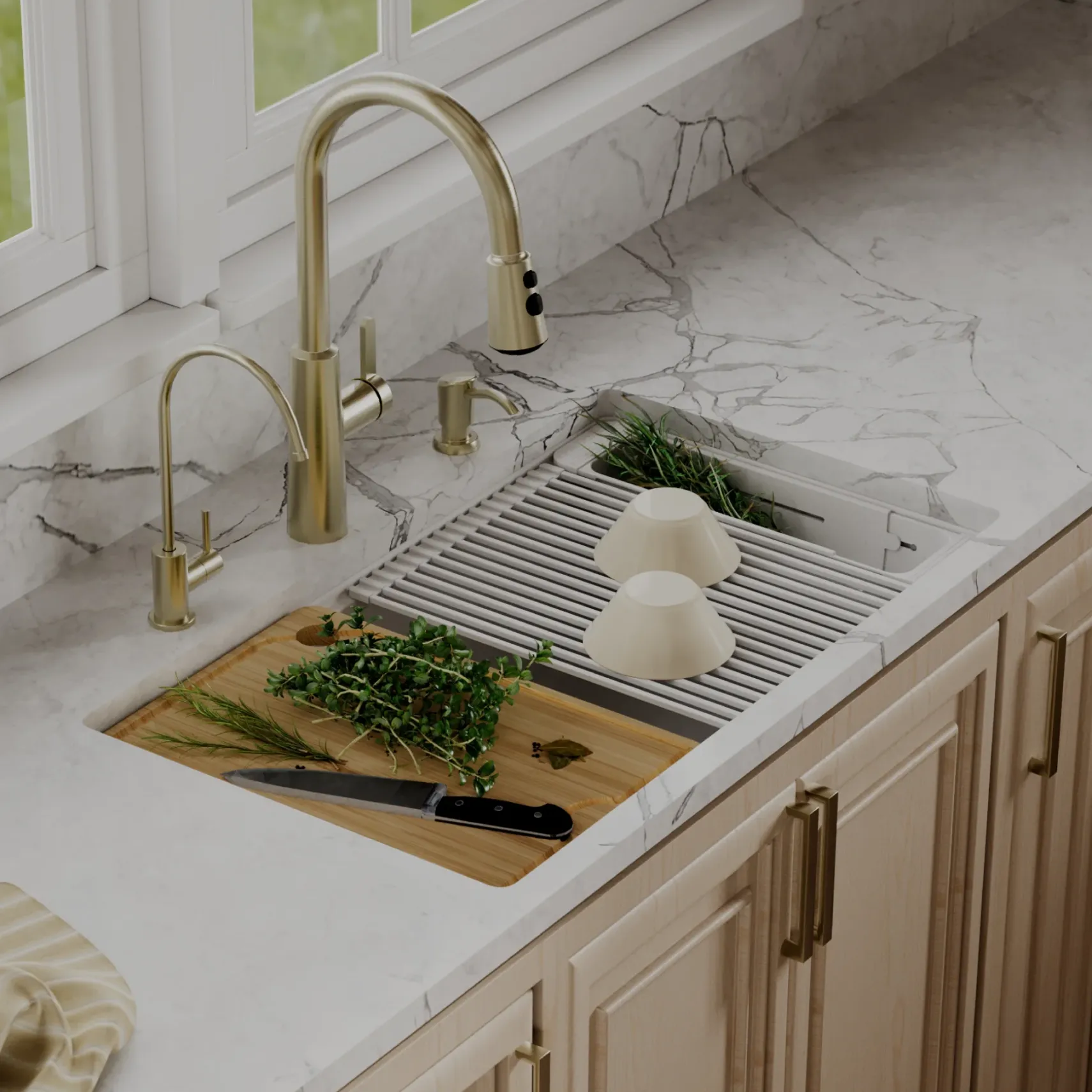 Karran 32" Undermount Quartz Composite Workstation Kitchen Sink, White, QUWS-875-WH-PK2