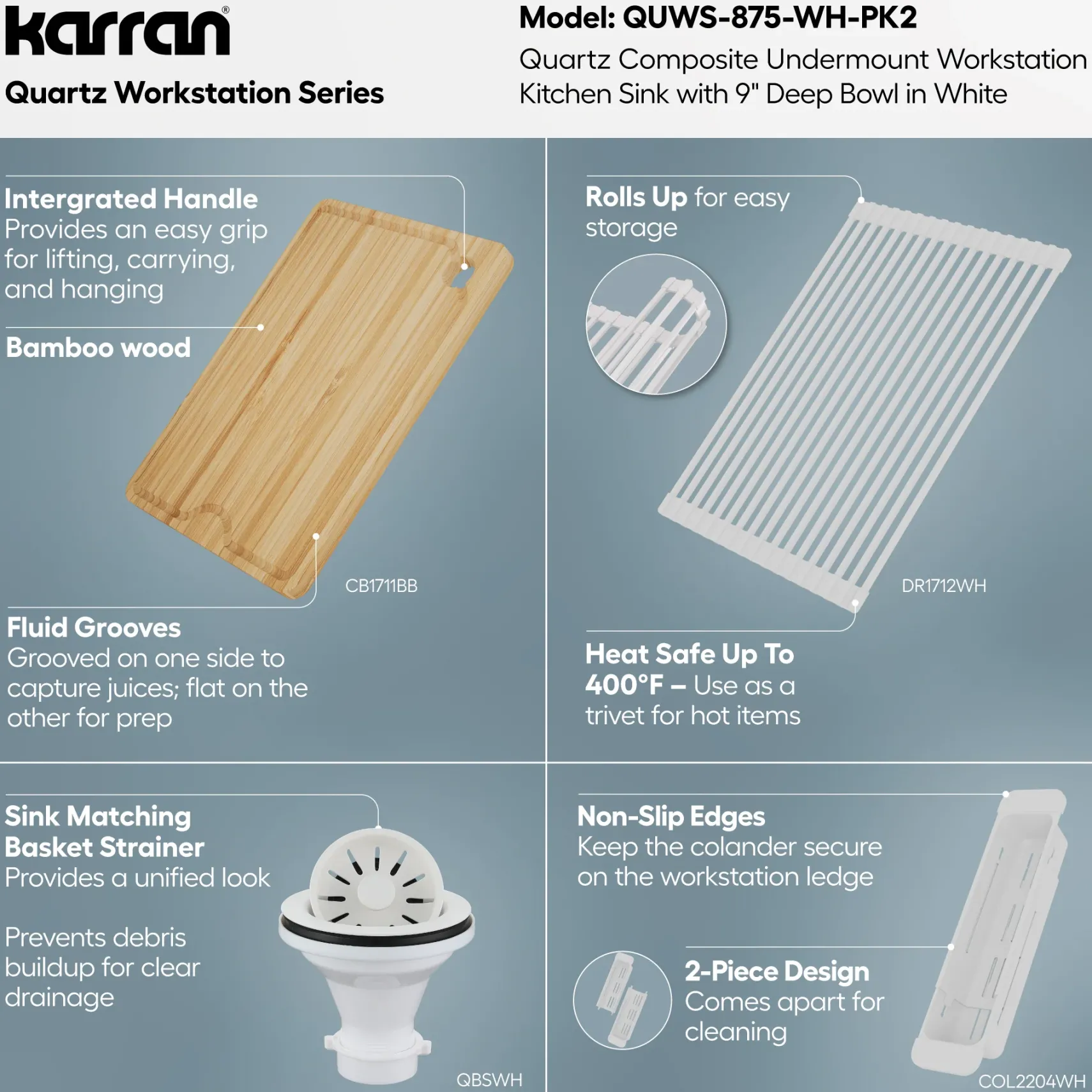 Karran 32" Undermount Quartz Composite Workstation Kitchen Sink, White, QUWS-875-WH-PK2