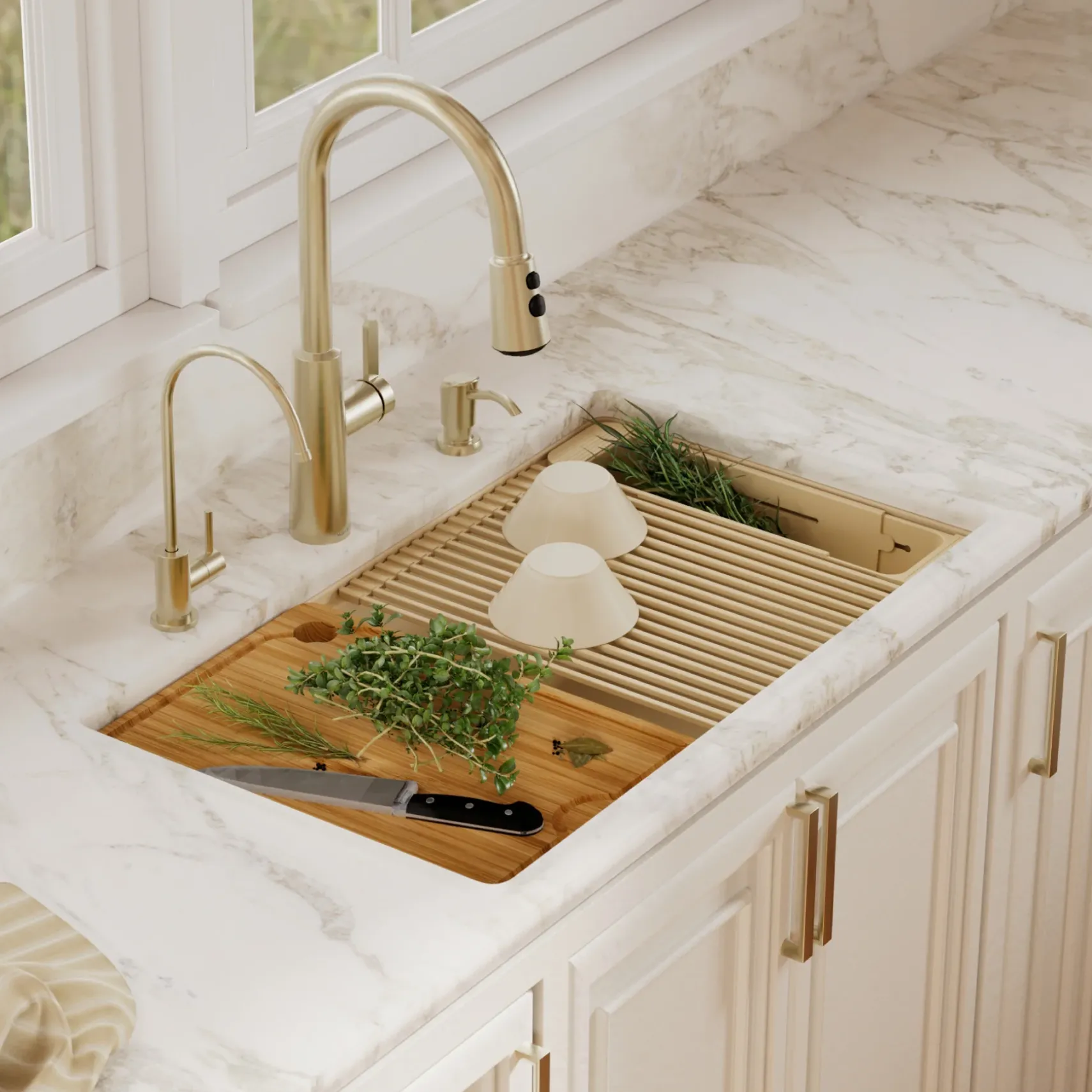Karran 32" Undermount Quartz Composite Workstation Kitchen Sink, 50/50 Double Bowl, Bisque, QUWS-880-BI-PK2