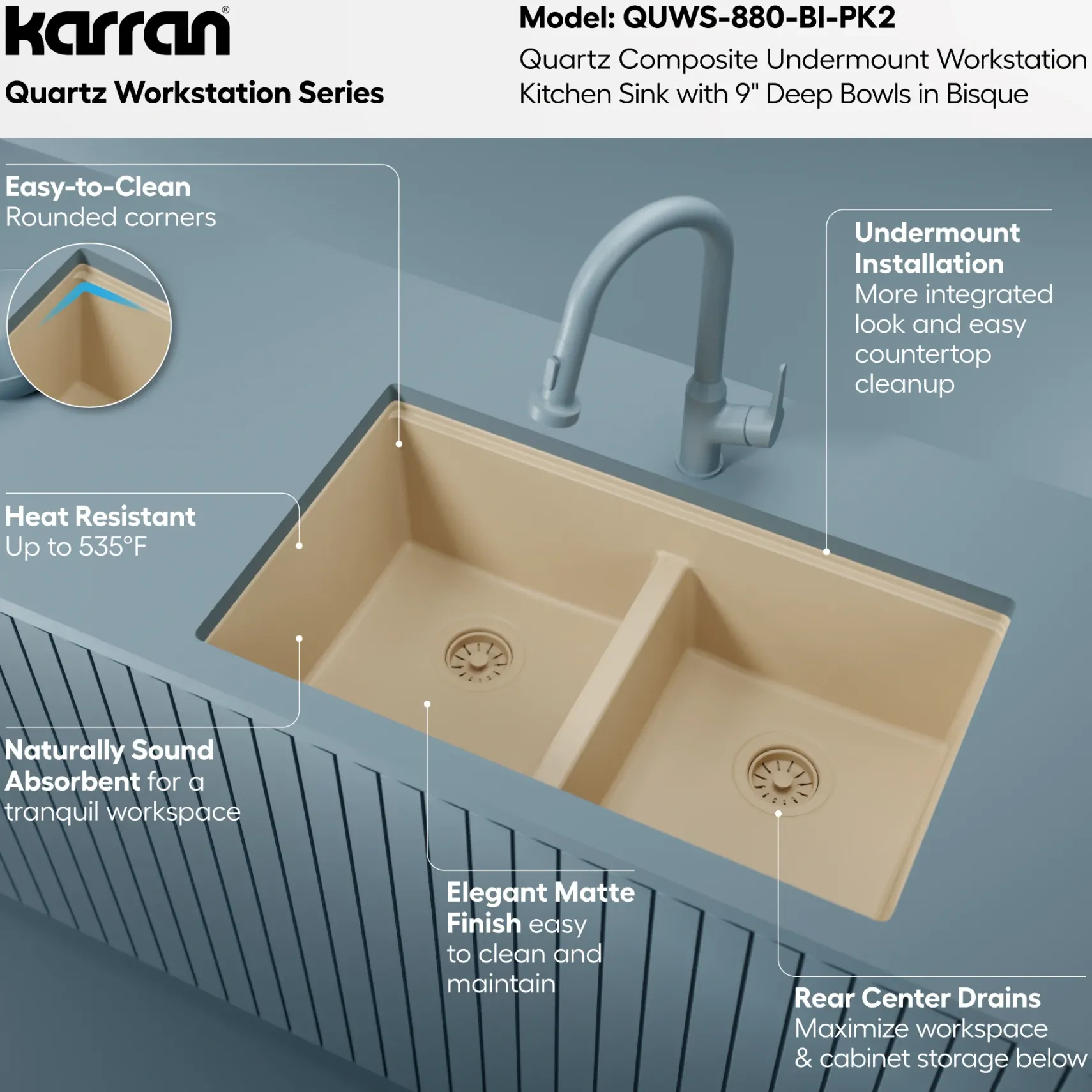 Karran 32" Undermount Quartz Composite Workstation Kitchen Sink, 50/50 Double Bowl, Bisque, QUWS-880-BI-PK2
